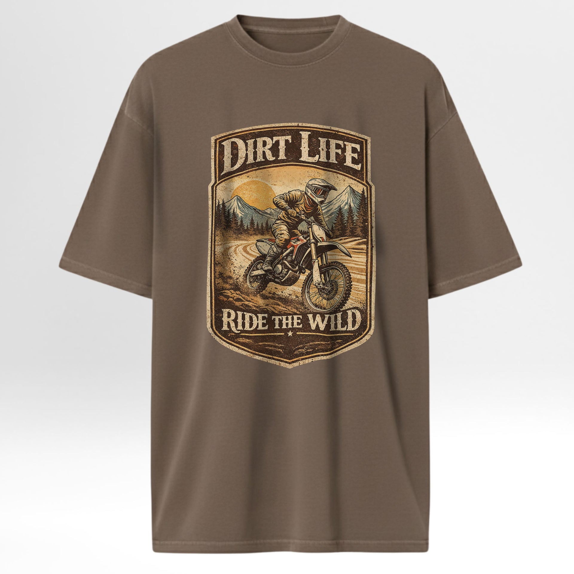 Brown t-shirt with 'Dirt Life Ride the Wild' graphic design on a white background