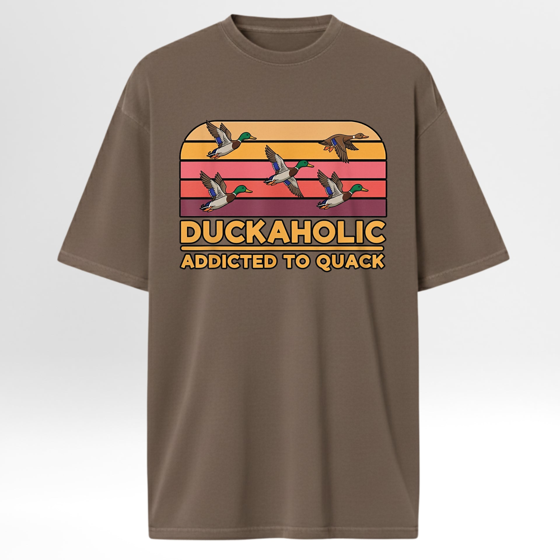 Brown hunting graphic t-shirt with duck-themed graphic and text on a white background