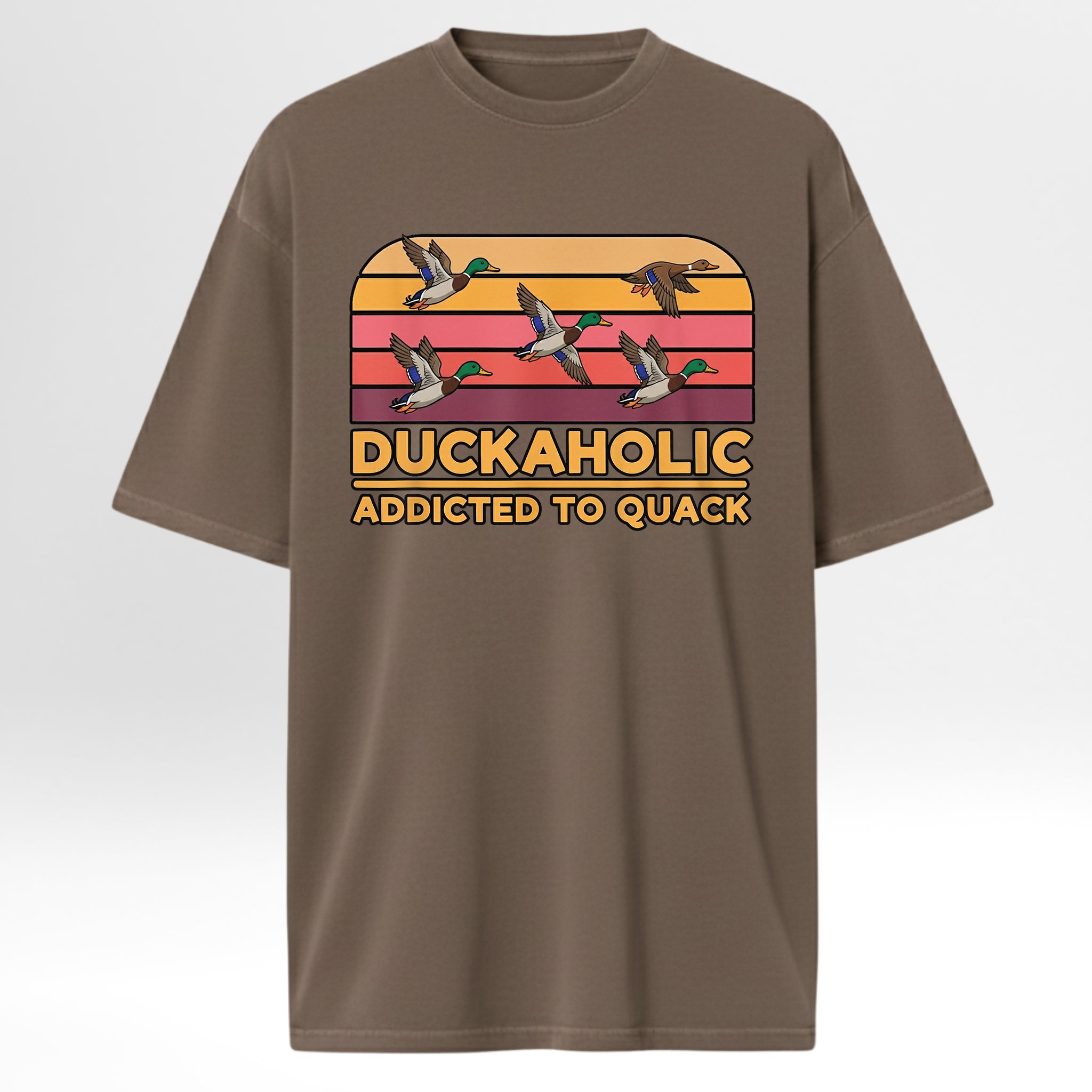 Brown hunting graphic t-shirt with duck-themed graphic and text on a white background