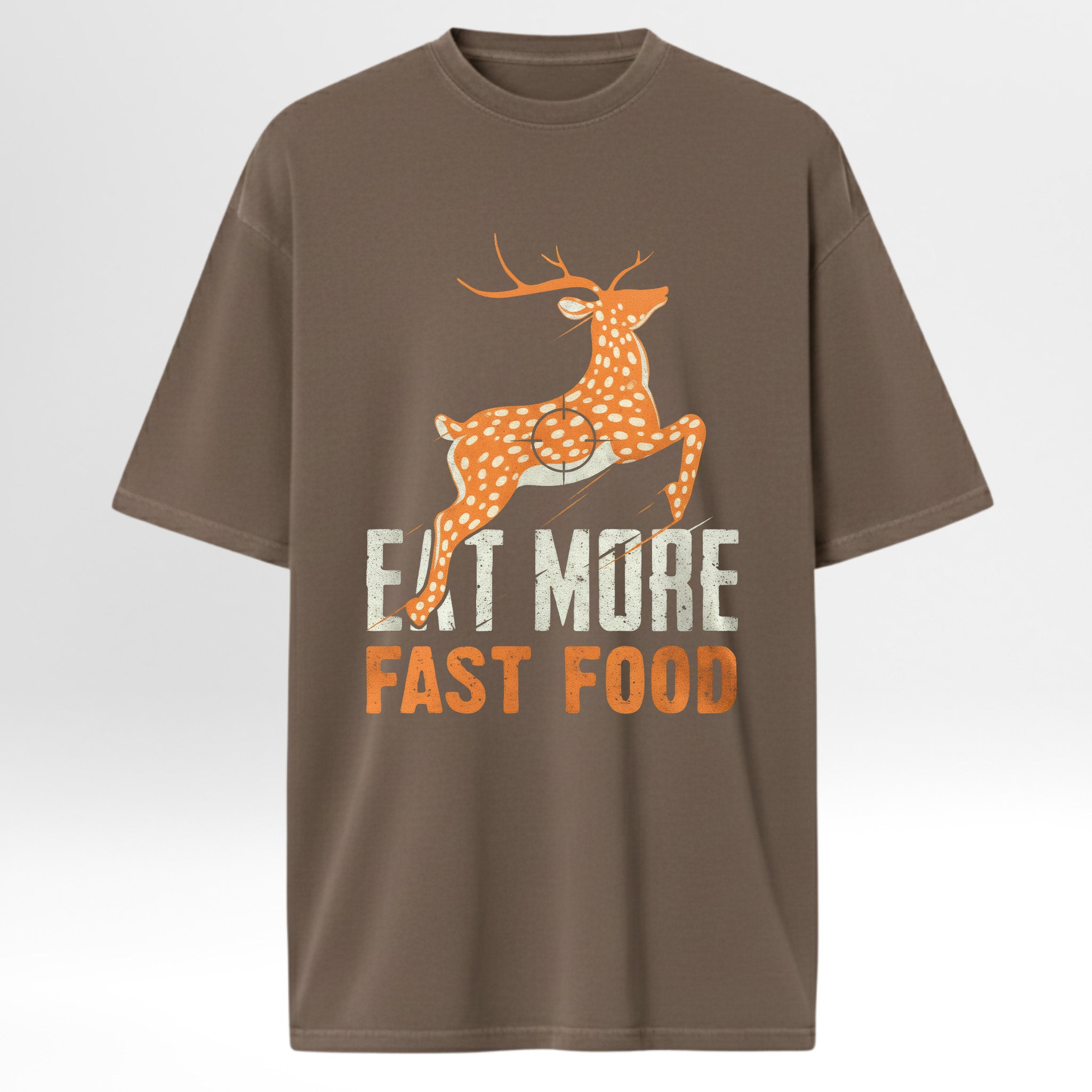 Brown hunting graphic t-shirt with a deer graphic and 'Eat More Fast Food' text on a white background