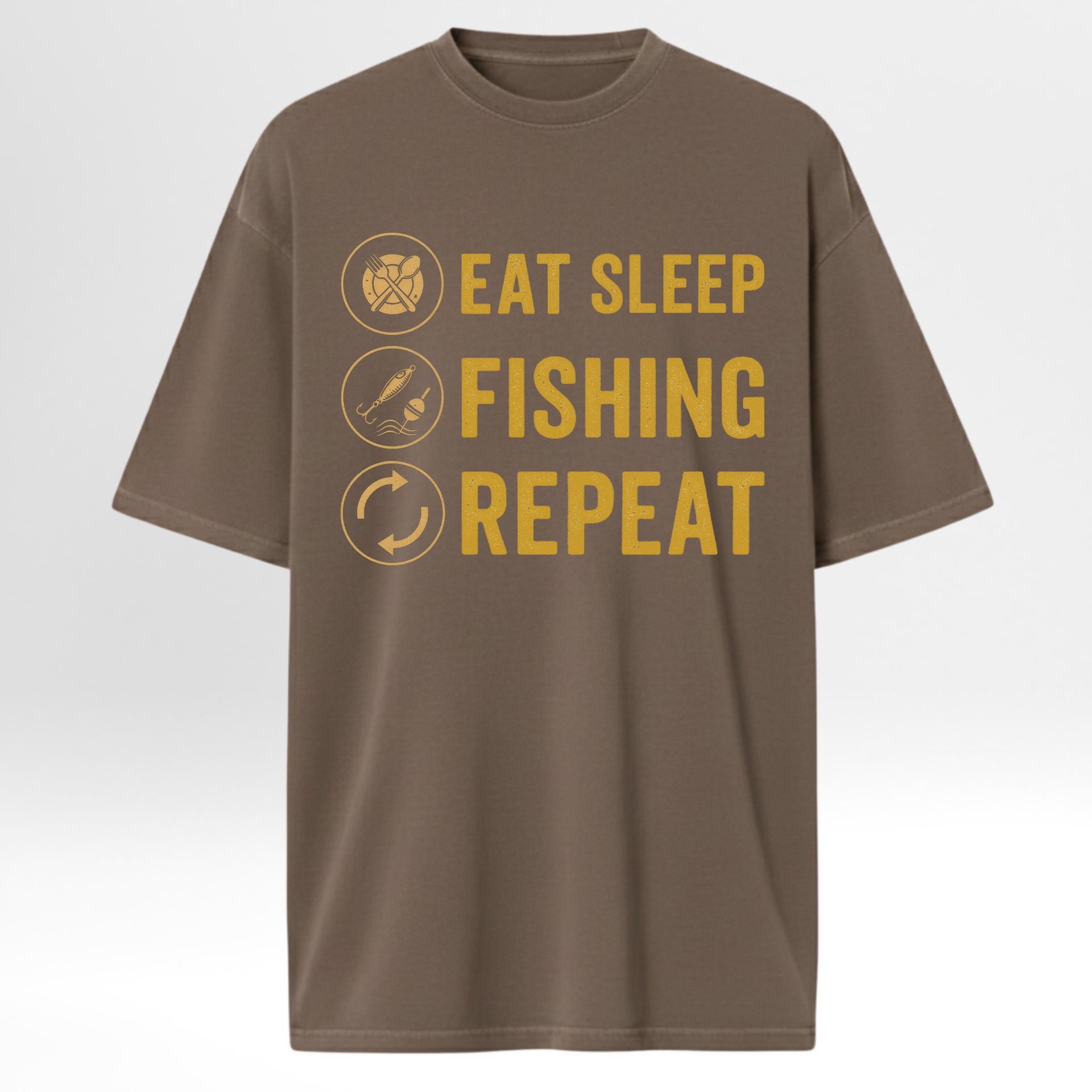 Brown fishing graphic t-shirt with 'Eat Sleep Fishing Repeat' text and icons on a white background