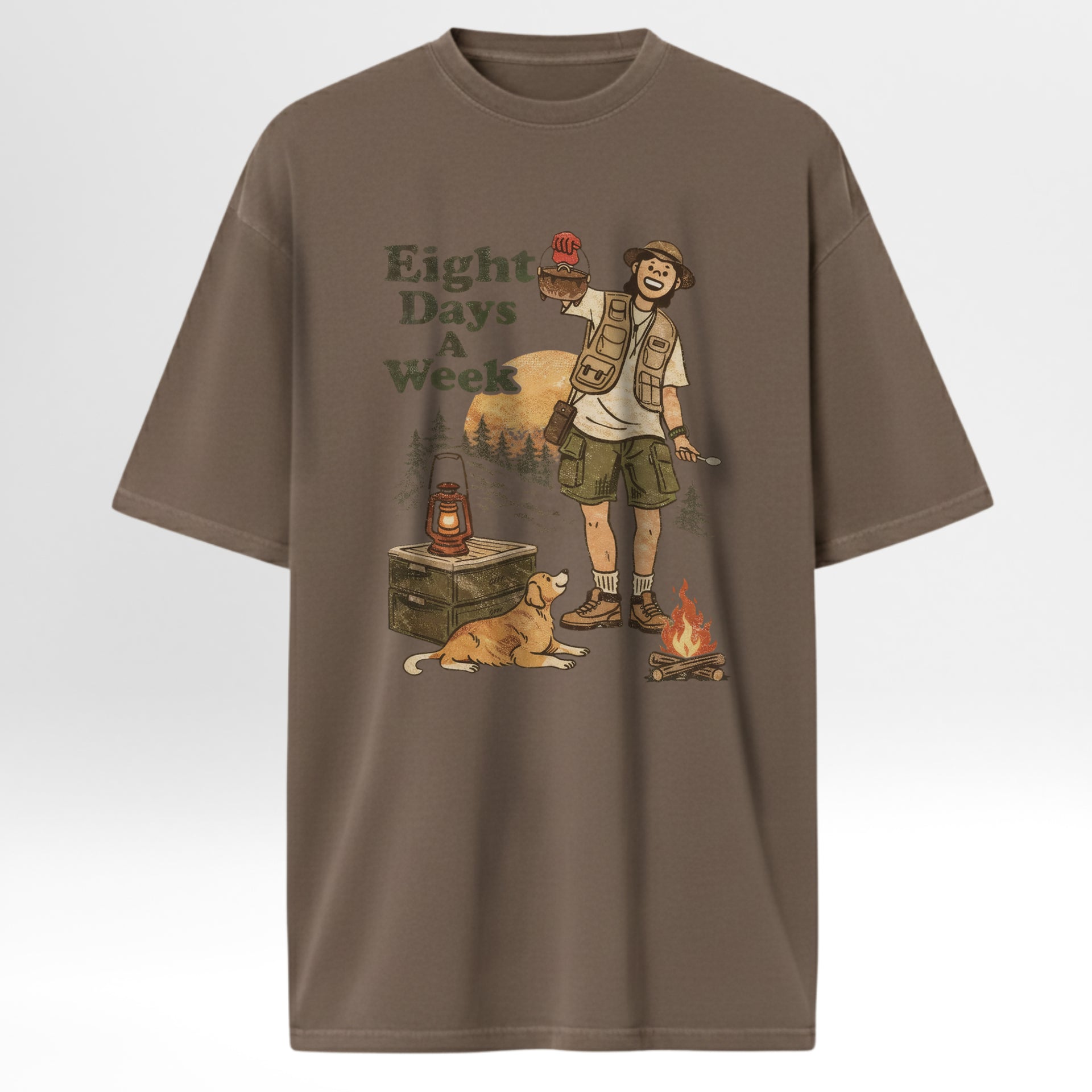 Brown t-shirt with a graphic of a person camping and text 'Eight Days A Week'