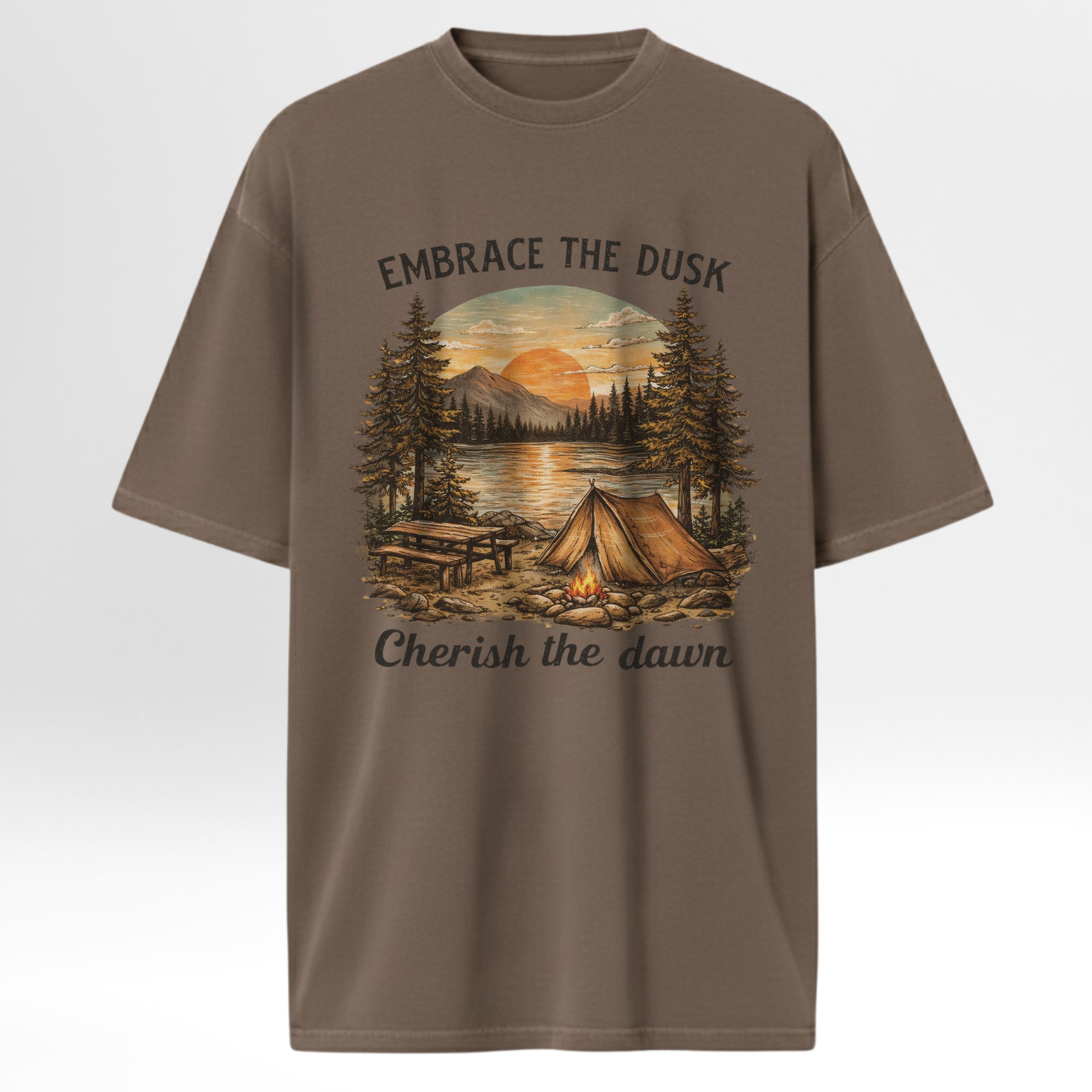 Brown camping t-shirt with a camping graphic and text 'Embrace The Dusk Cherish The Dawn'