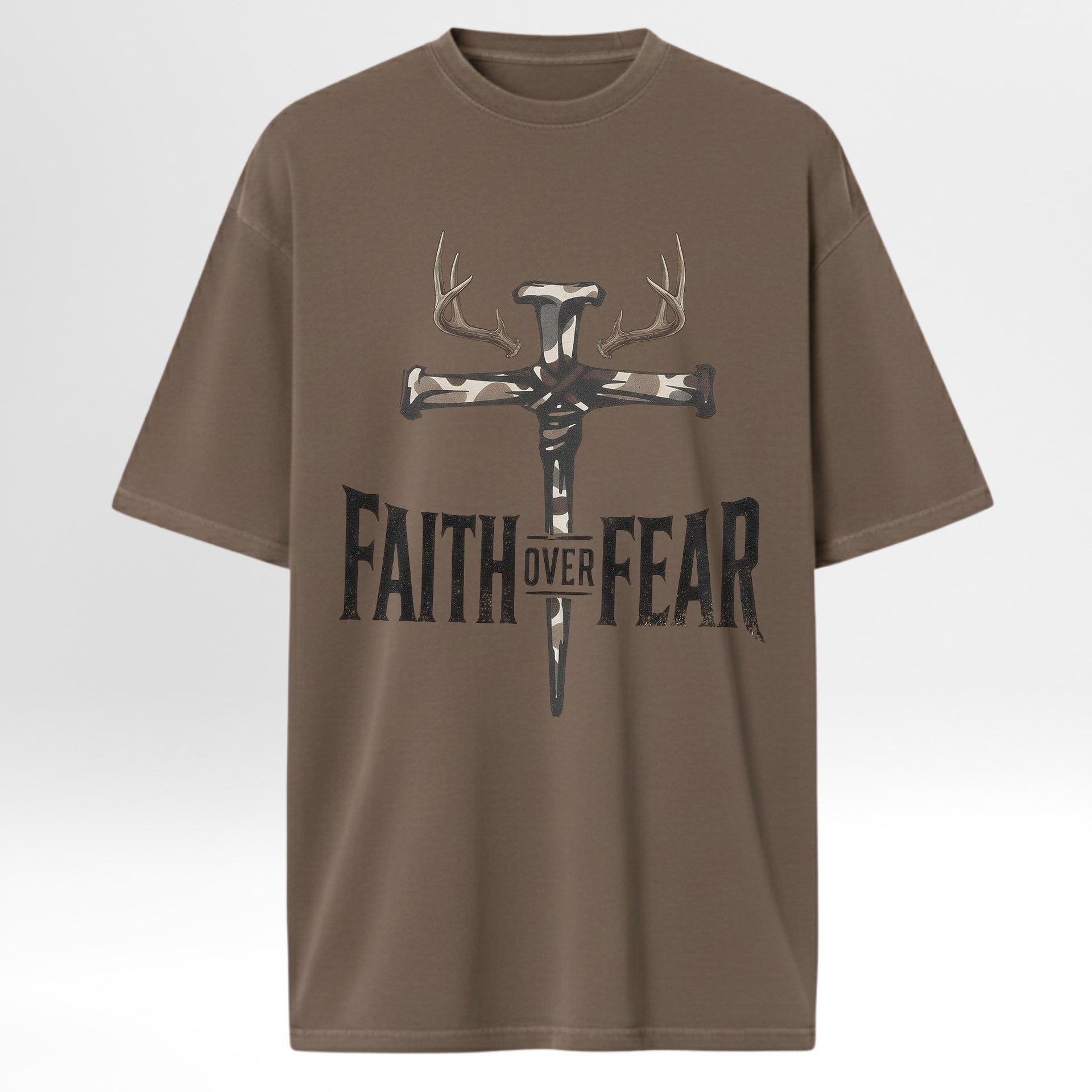 Brown hunting graphic t-shirt with a cross and antlers graphic and 'Faith Over Fear' text on a white background