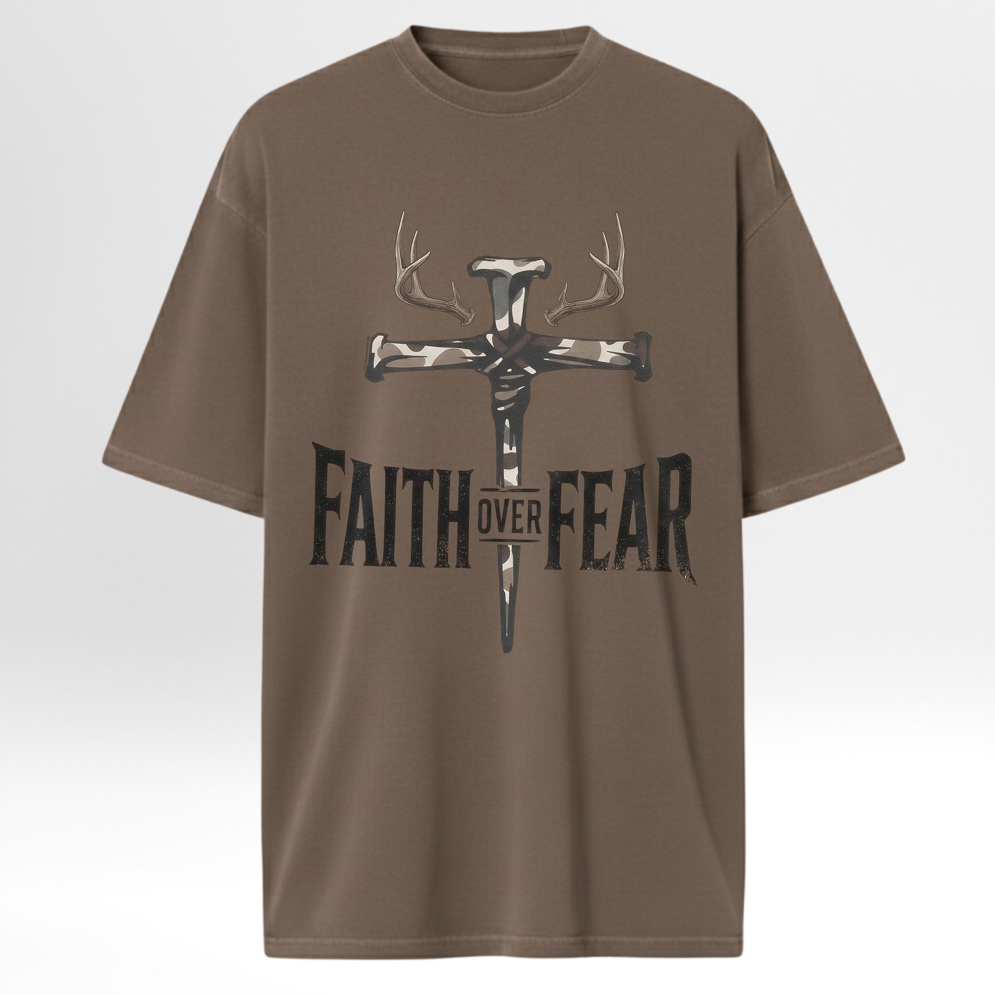 Brown hunting graphic t-shirt with a cross and antlers graphic and 'Faith Over Fear' text on a white background
