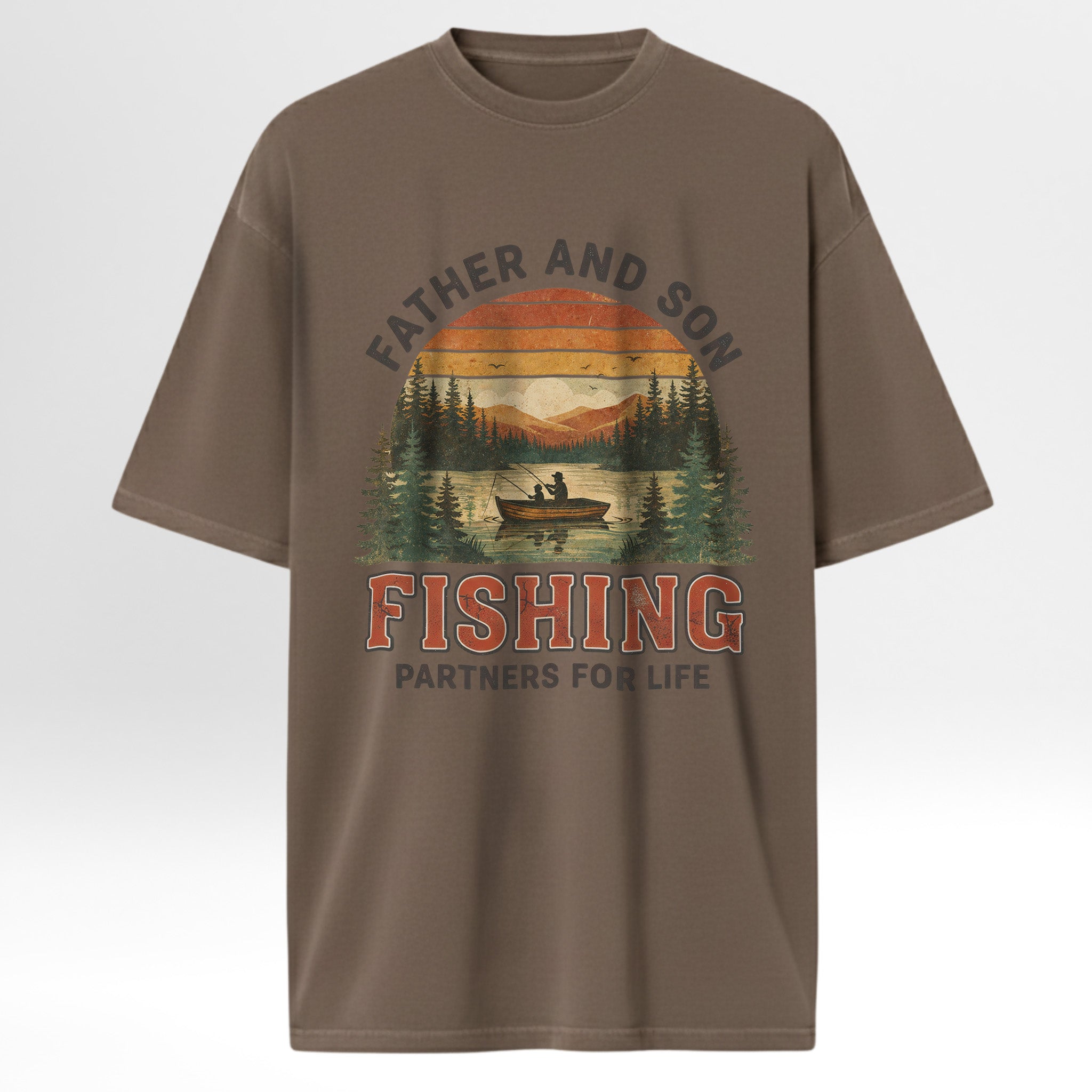 Brown fishing t-shirt with hiking graphic and text on a white background