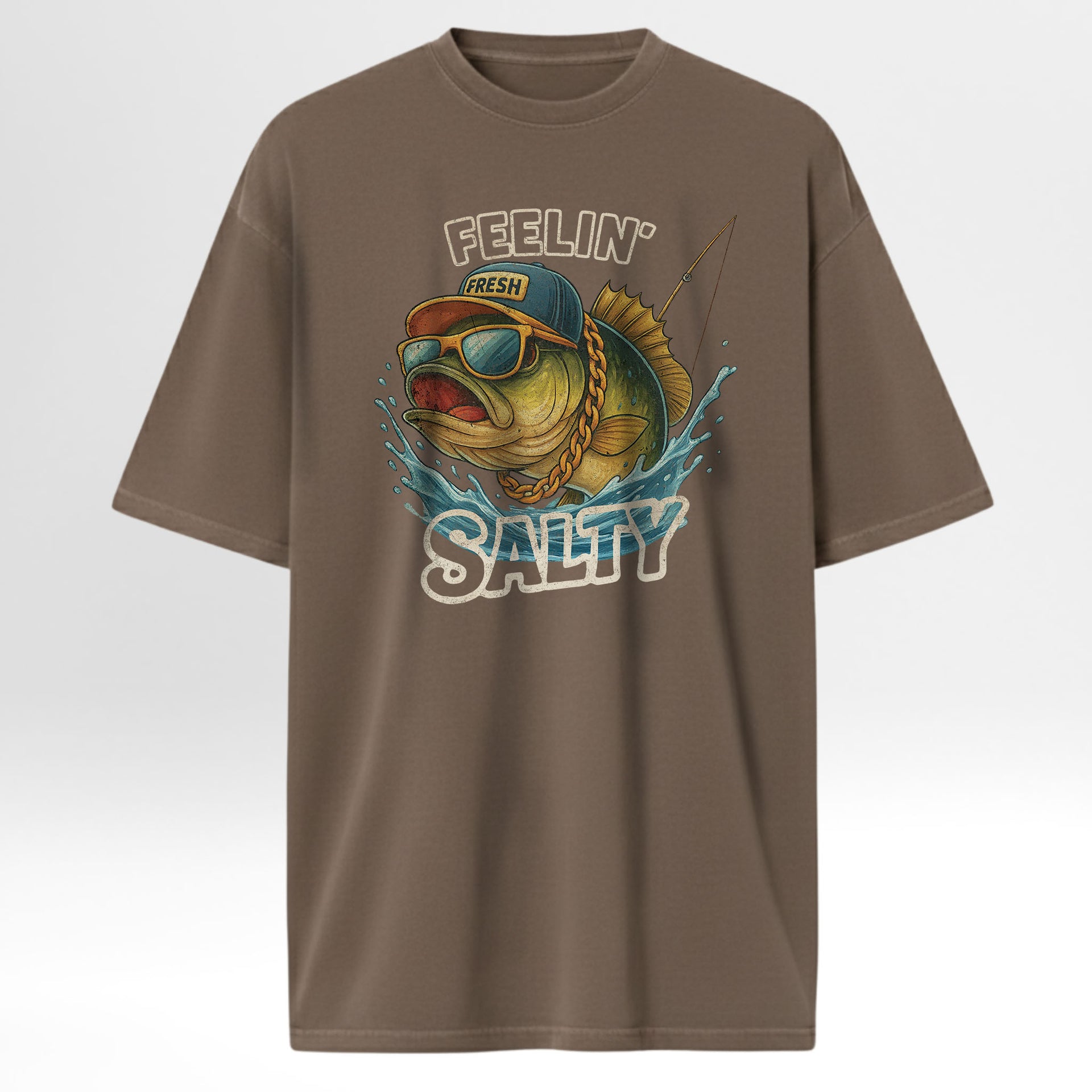 Brown fishing t-shirt with fishing graphic and text 'Feeling Salty'.