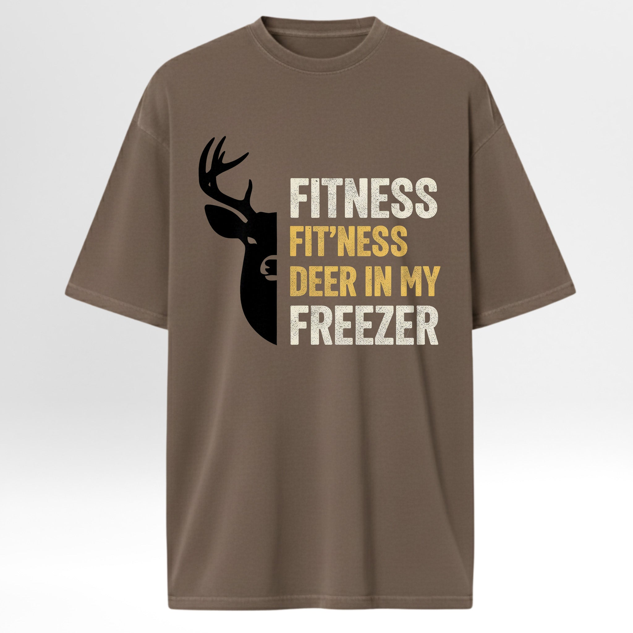 Brown hunting graphic t-shirt with a deer graphic and text on a white background