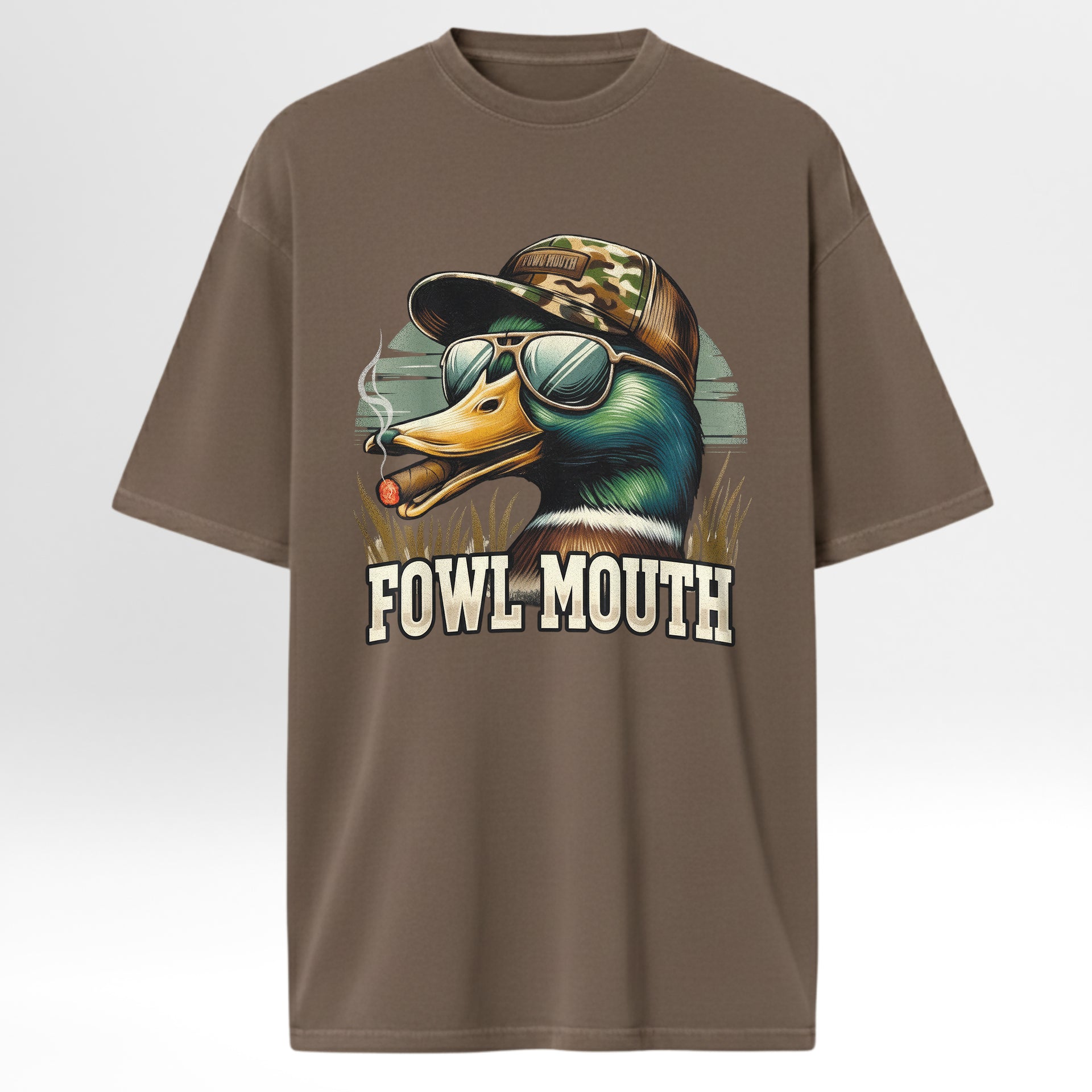 Brown hunting graphic t-shirt with a duck graphic and 'Fowl Mouth' text