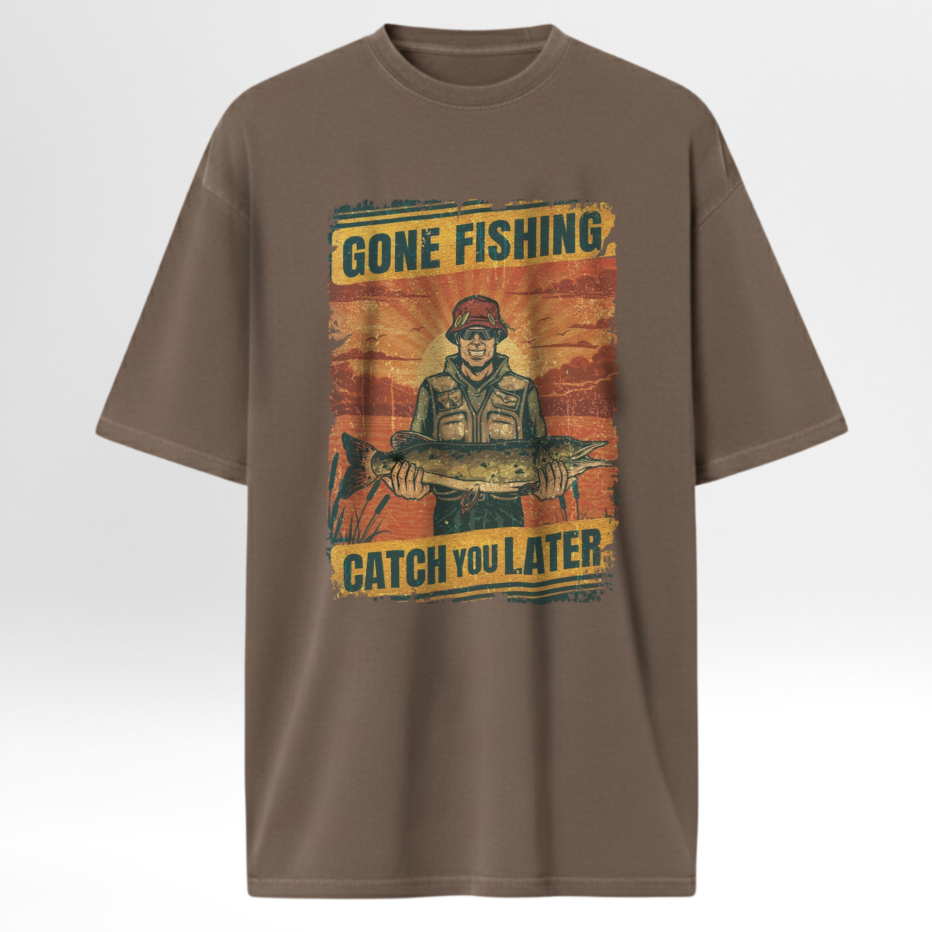 Brown fishing t-shirt with a vintage-style graphic of a fisherman holding a large fish, featuring the text “Gone Fishing” and “Catch You Later.”