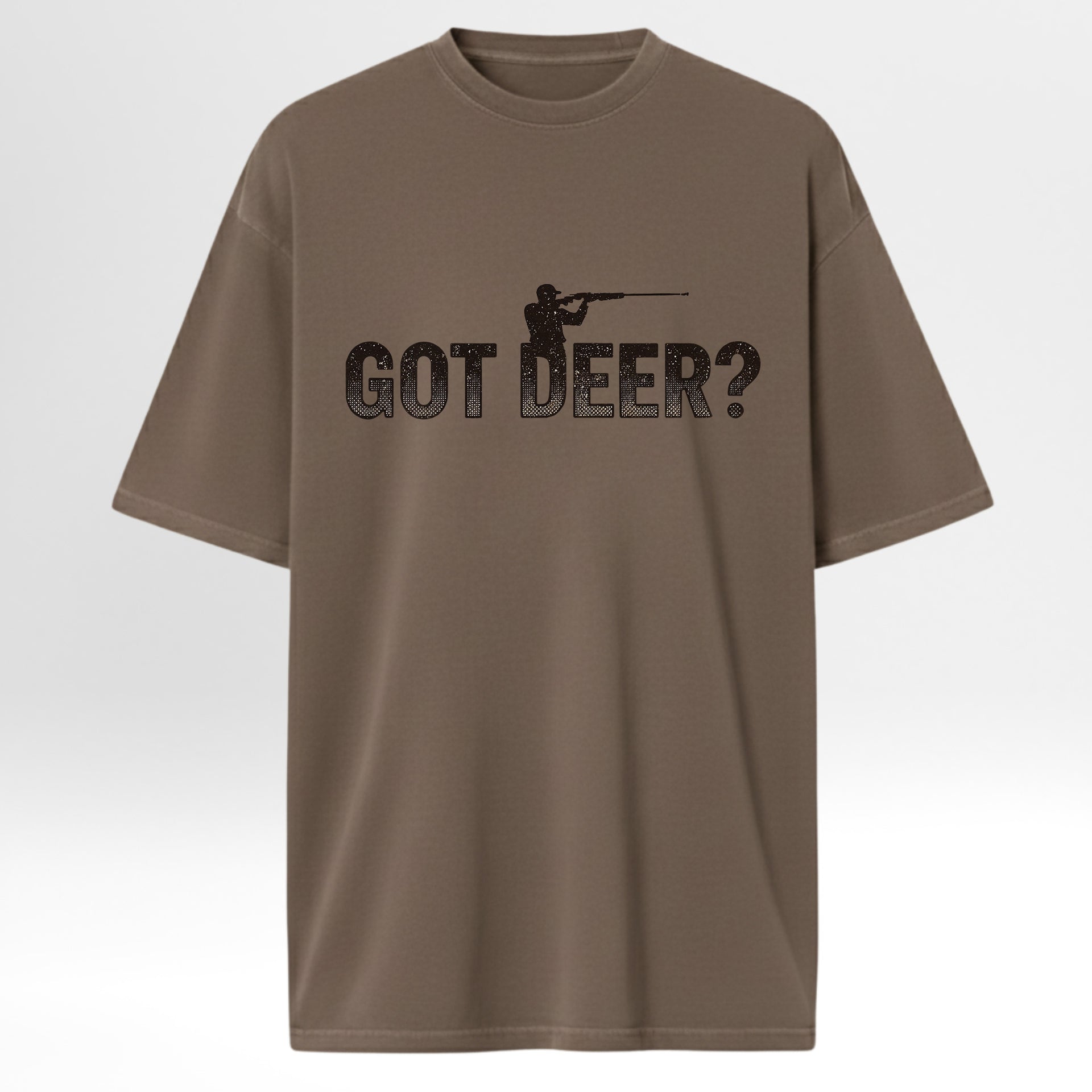Brown hunting graphic t-shirt with 'GOT DEER?' text and graphic on a white background