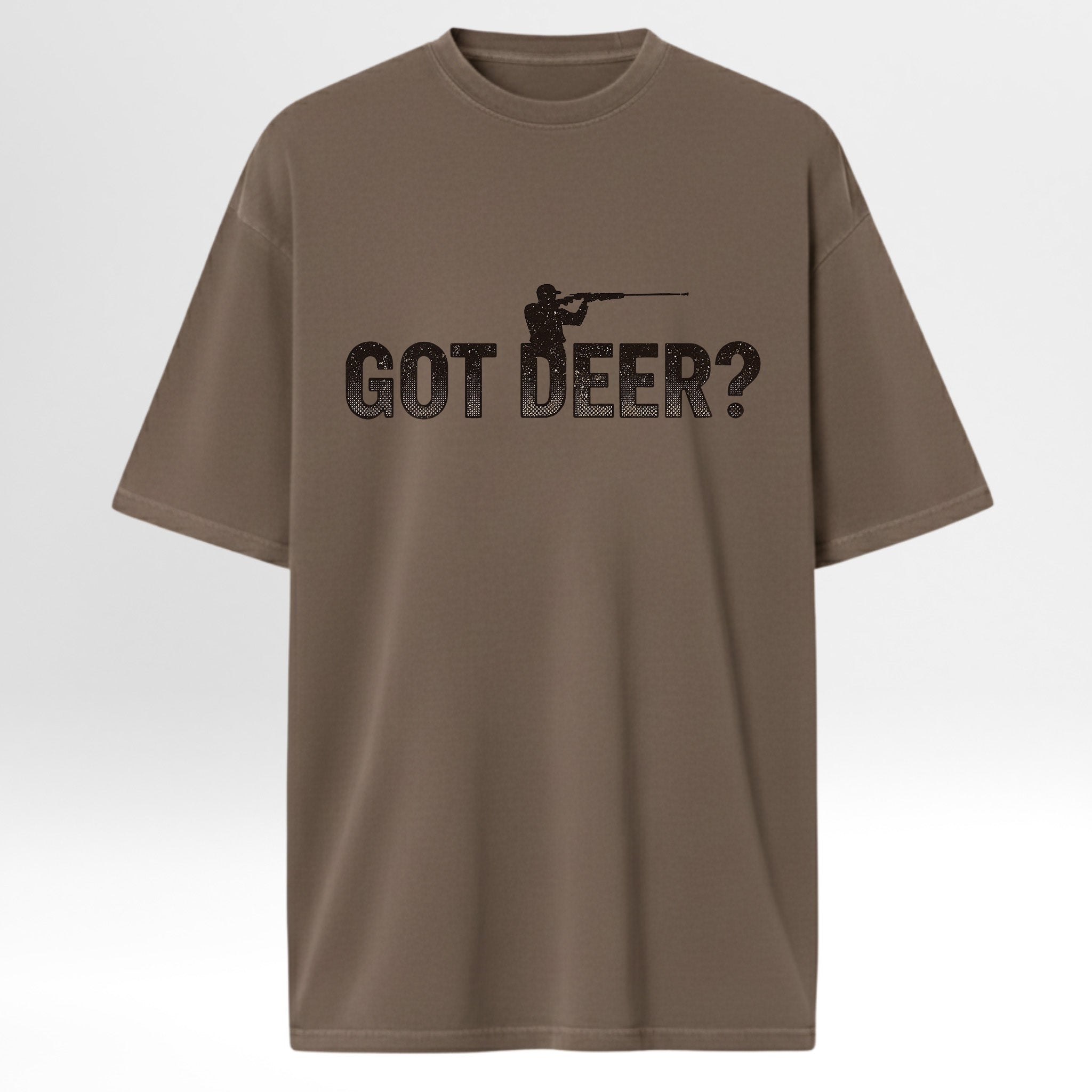 Brown hunting graphic t-shirt with 'GOT DEER?' text and graphic on a white background