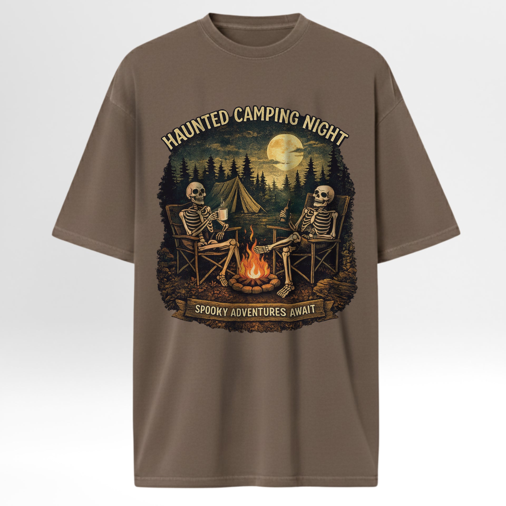 Brown camping t-shirt with skeleton design and 'Haunted Camping Night' text.