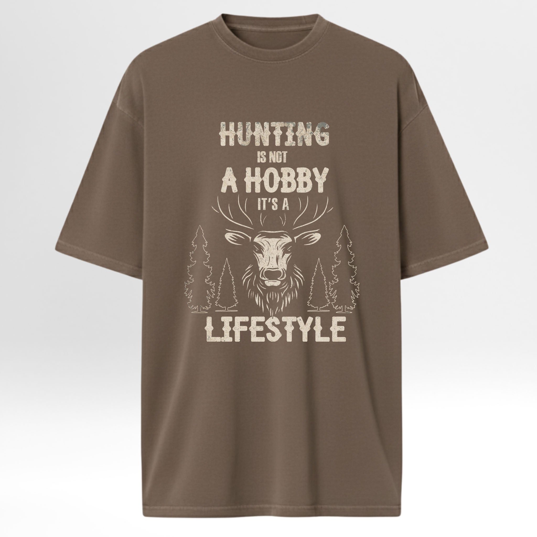 Brown t-shirt with graphic design and text 'Hunting Is Not A Hobby It's A Lifestyle'