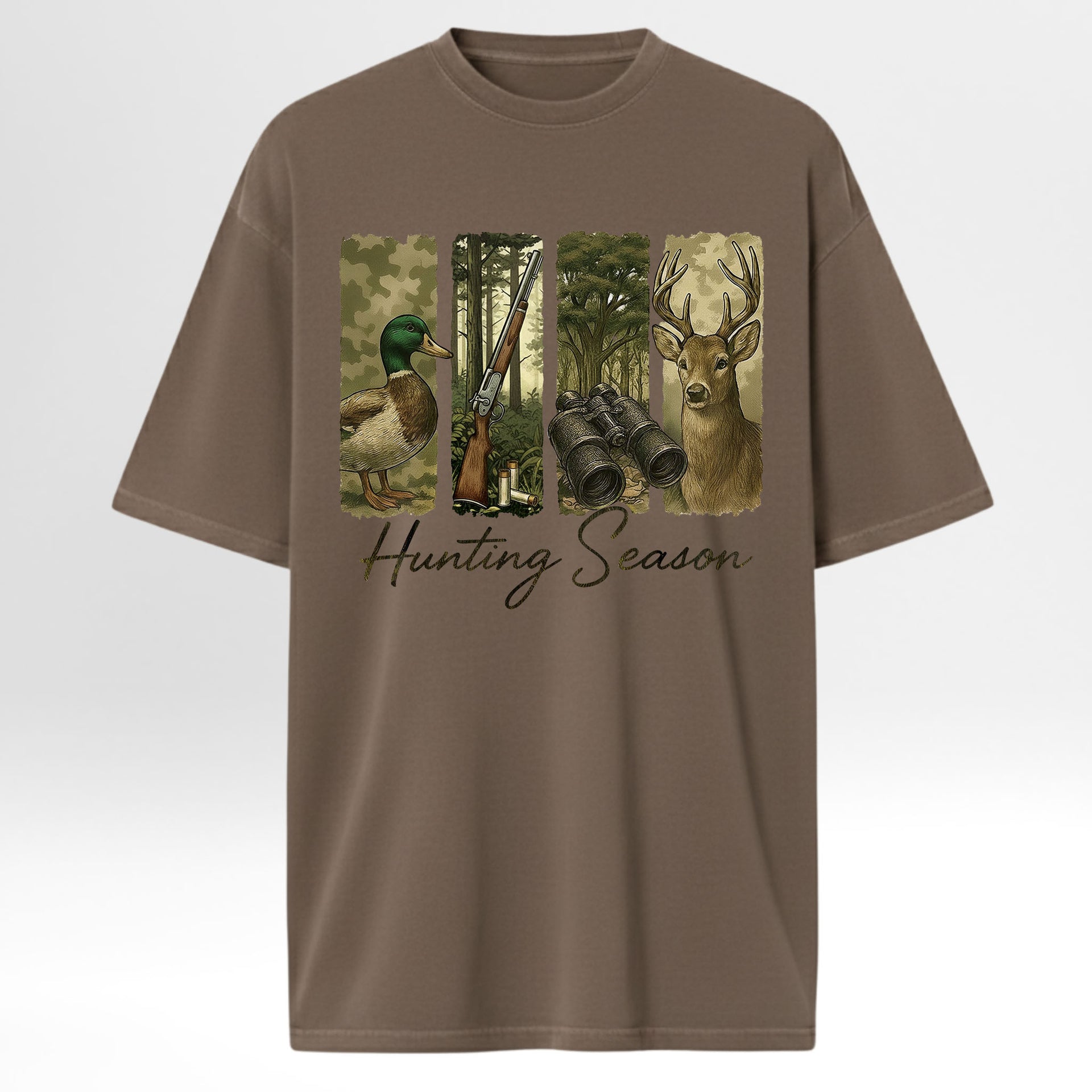 Brown hunting graphic t-shirt with hunting-themed design featuring a duck, rifle, binoculars, and deer on a white background.