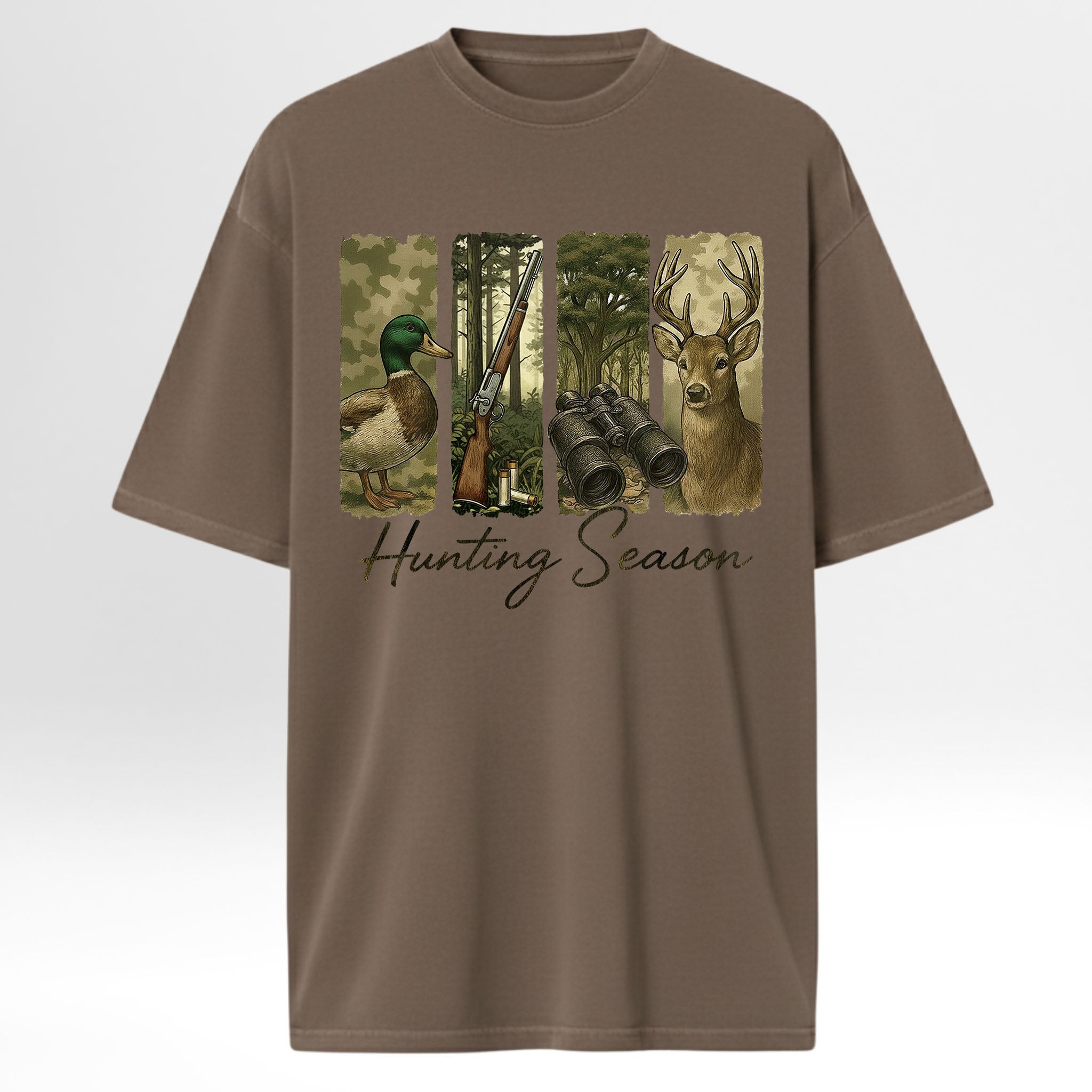 Brown hunting graphic t-shirt with hunting-themed design featuring a duck, rifle, binoculars, and deer on a white background.