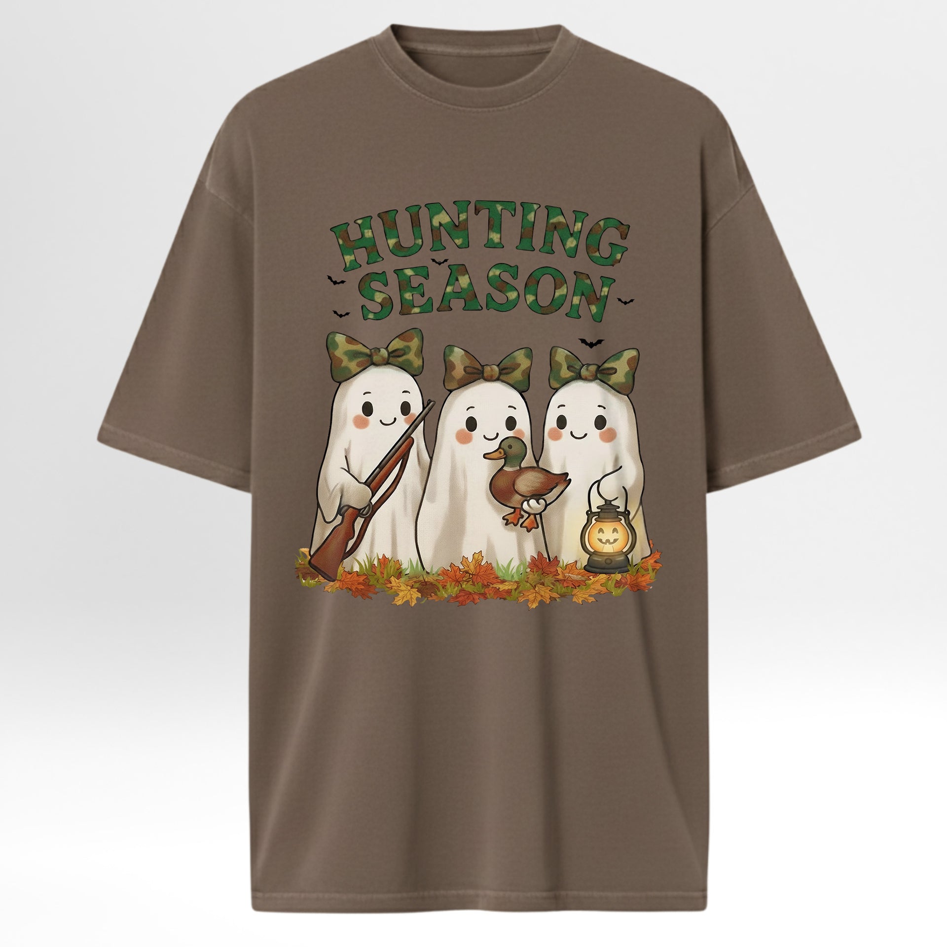 Brown hunting graphic t-shirt with 'Hunting Season' graphic featuring ghosts and autumn elements on a white background.