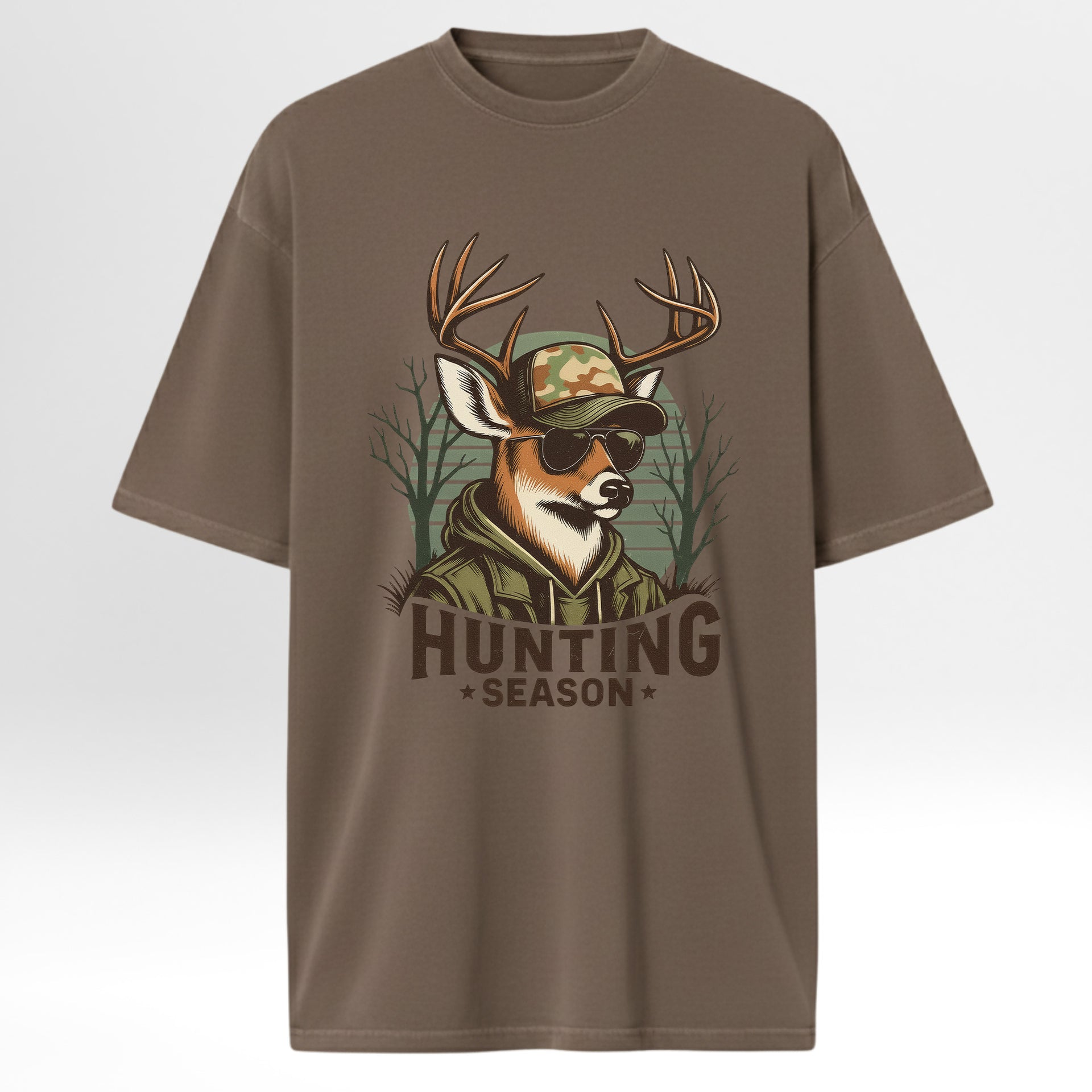 Brown hunting graphic t-shirt with a deer graphic wearing sunglasses and a cap, labeled 'Hunting Season' on a white background.