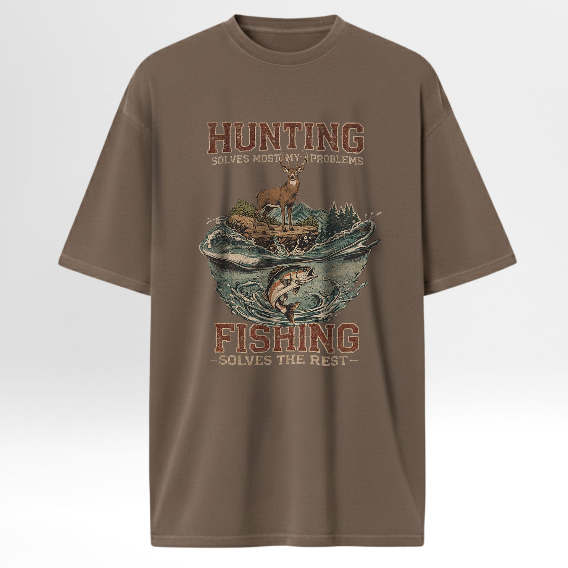 Brown fishing t-shirt with hunting and fishing graphic and text on a white background