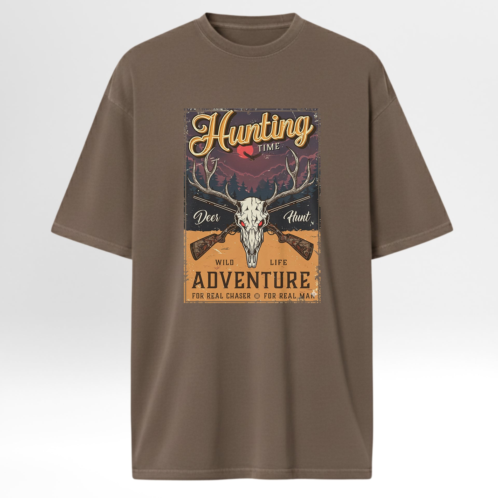 Brown t-shirt with hunting-themed graphic design with text 'Hunting Time Deer Hunt Wild Life Adventure For Real Chaser For Real Man'