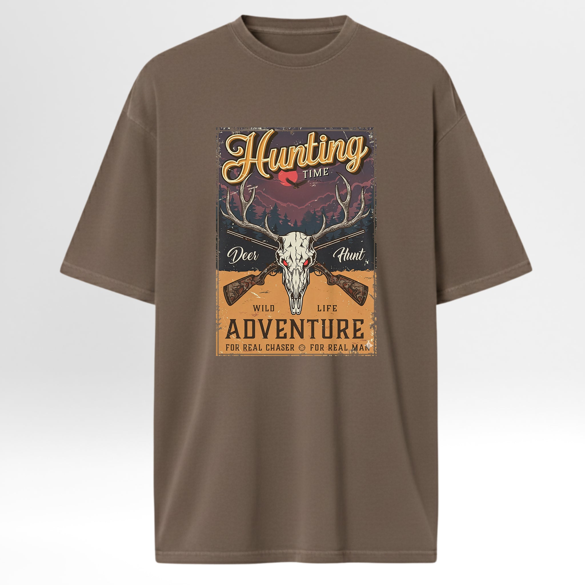 Brown t-shirt with hunting-themed graphic design with text 'Hunting Time Deer Hunt Wild Life Adventure For Real Chaser For Real Man'