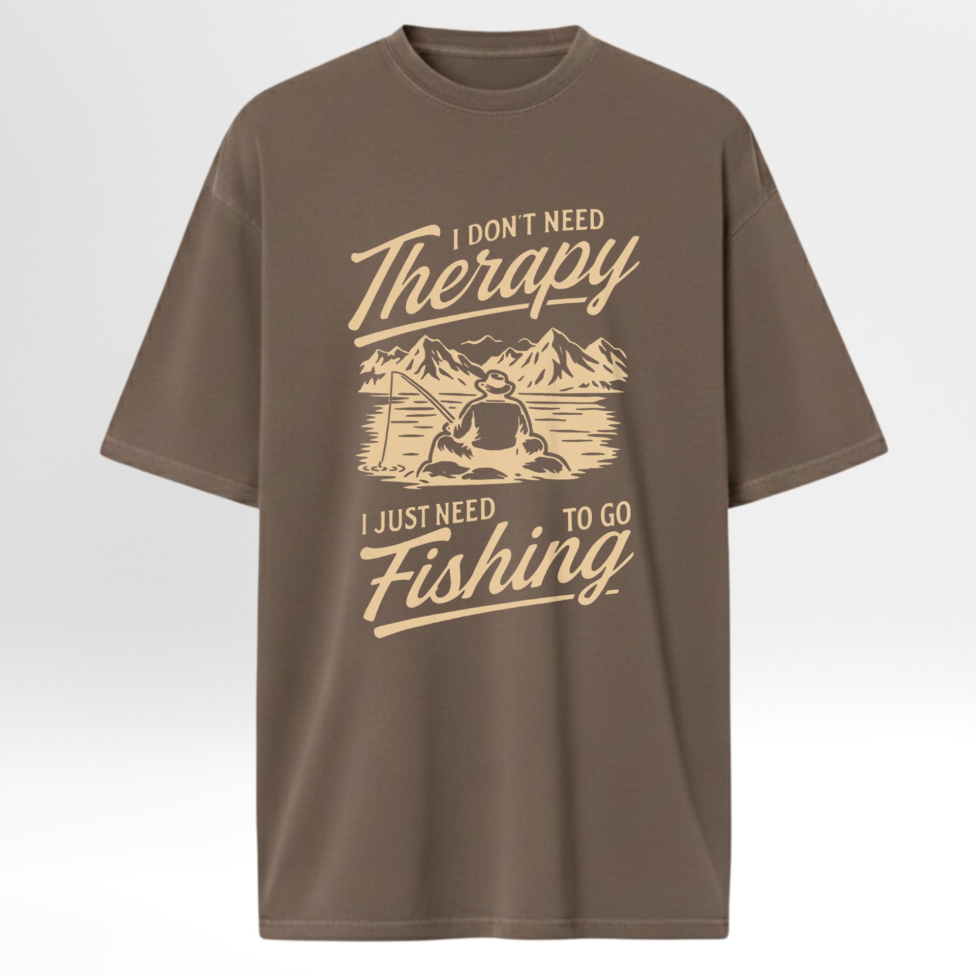 Brown fishing t-shirt with fishing graphic and text 'I Don't Need Therapy I Just Need To Go Fishing'