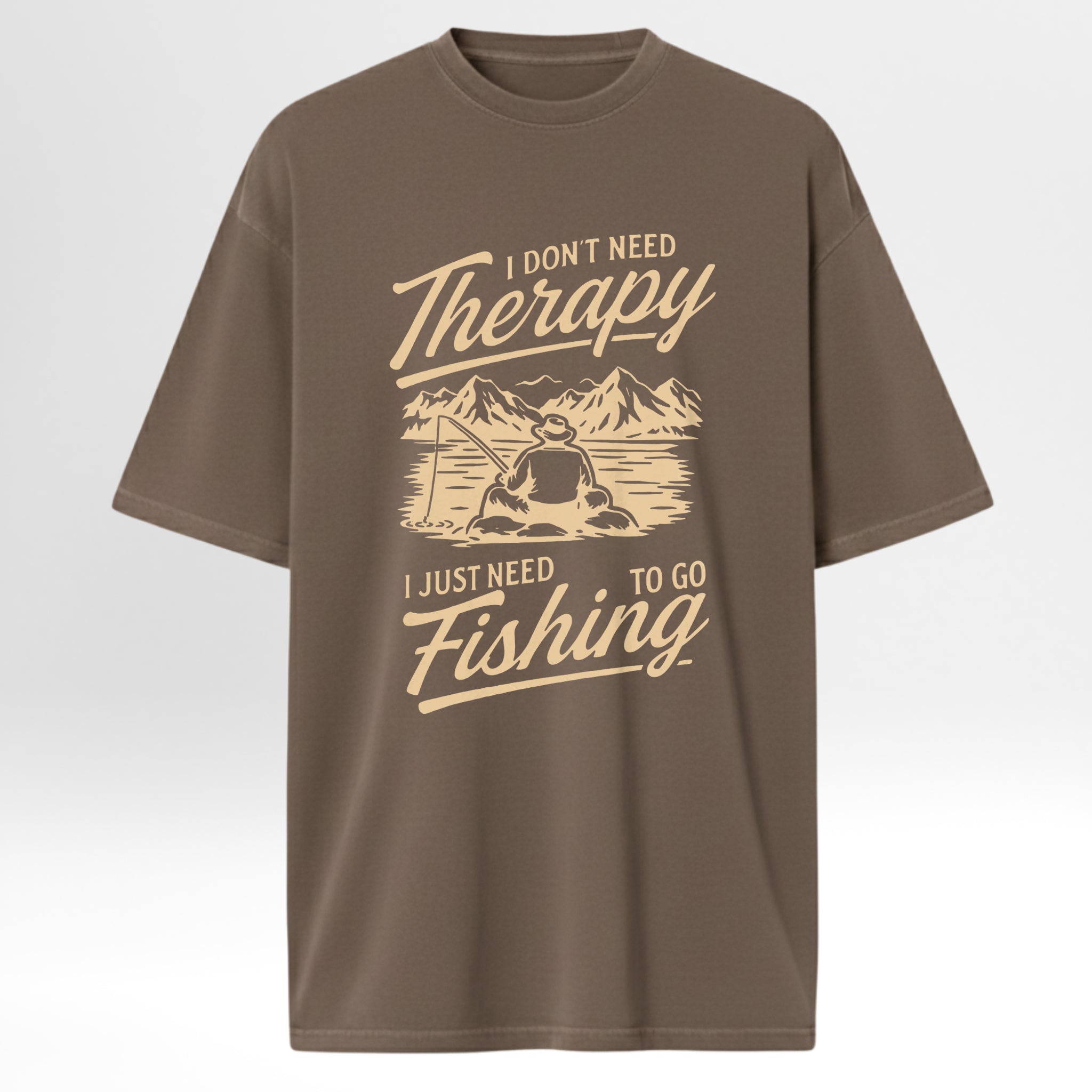 Brown fishing t-shirt with fishing graphic and text 'I Don't Need Therapy I Just Need To Go Fishing'