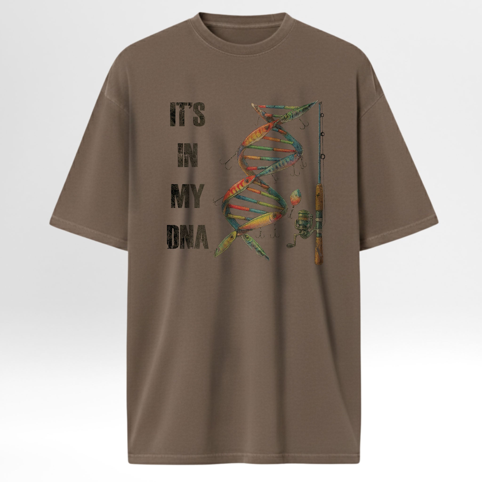 Brown fishing t-shirt with camping graphic and text 'It's In My DNA'.