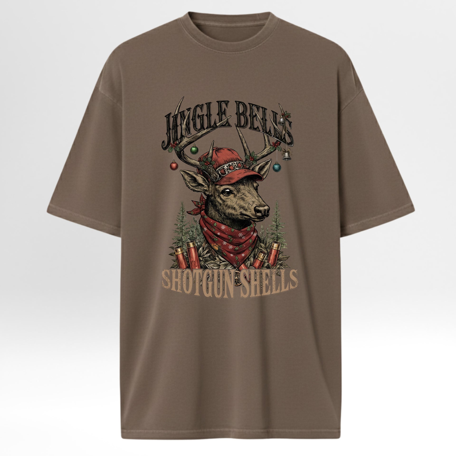 Brown hunting graphic t-shirt with a graphic of a deer wearing a hat and bandana, and text 'Jungle Bells Shopgun Shells' on a white background.