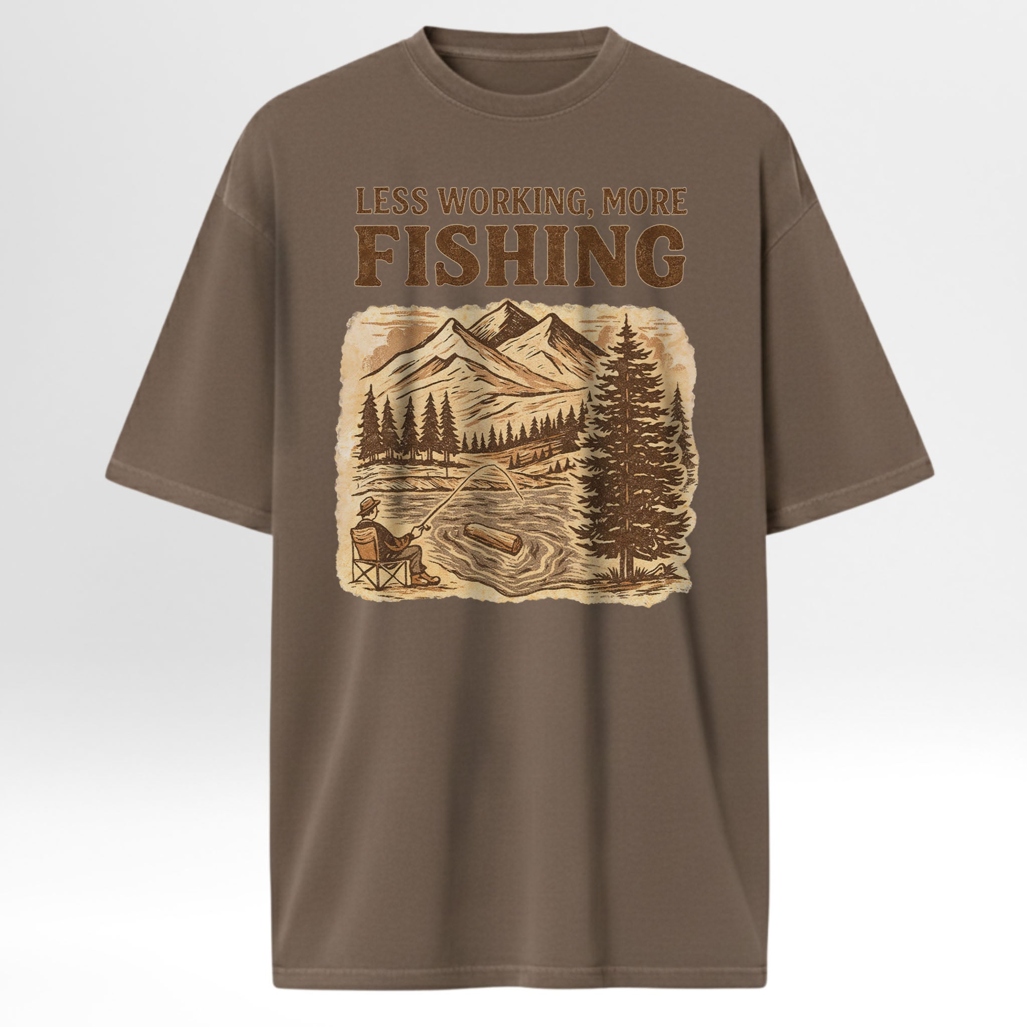 Brown fishing t-shirt with fishing graphic and text 'LESS WORKING MORE FISHING'.
