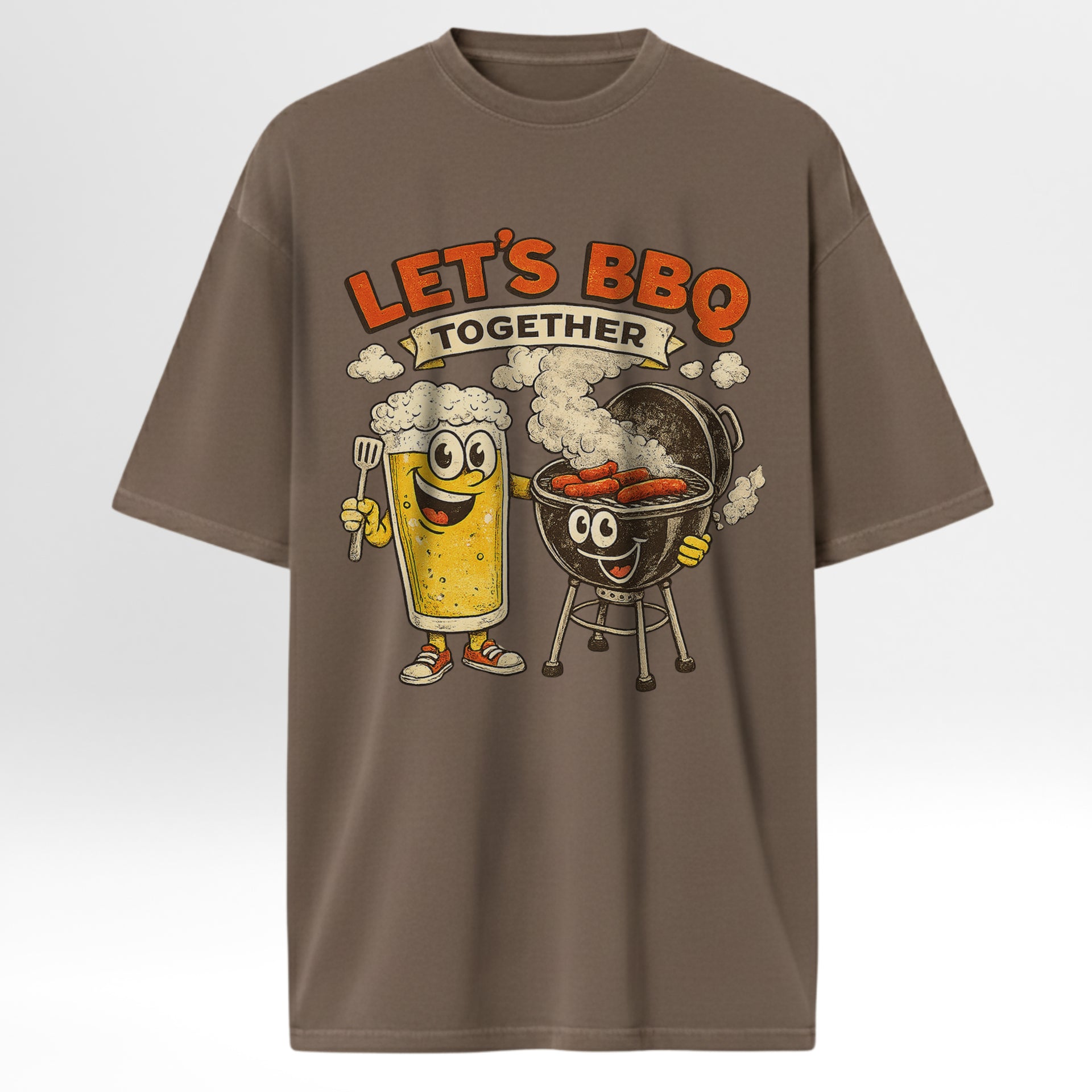Brown outdoor t-shirt with cartoon beer mug and grill graphic and 'Let's BBQ Together' text.