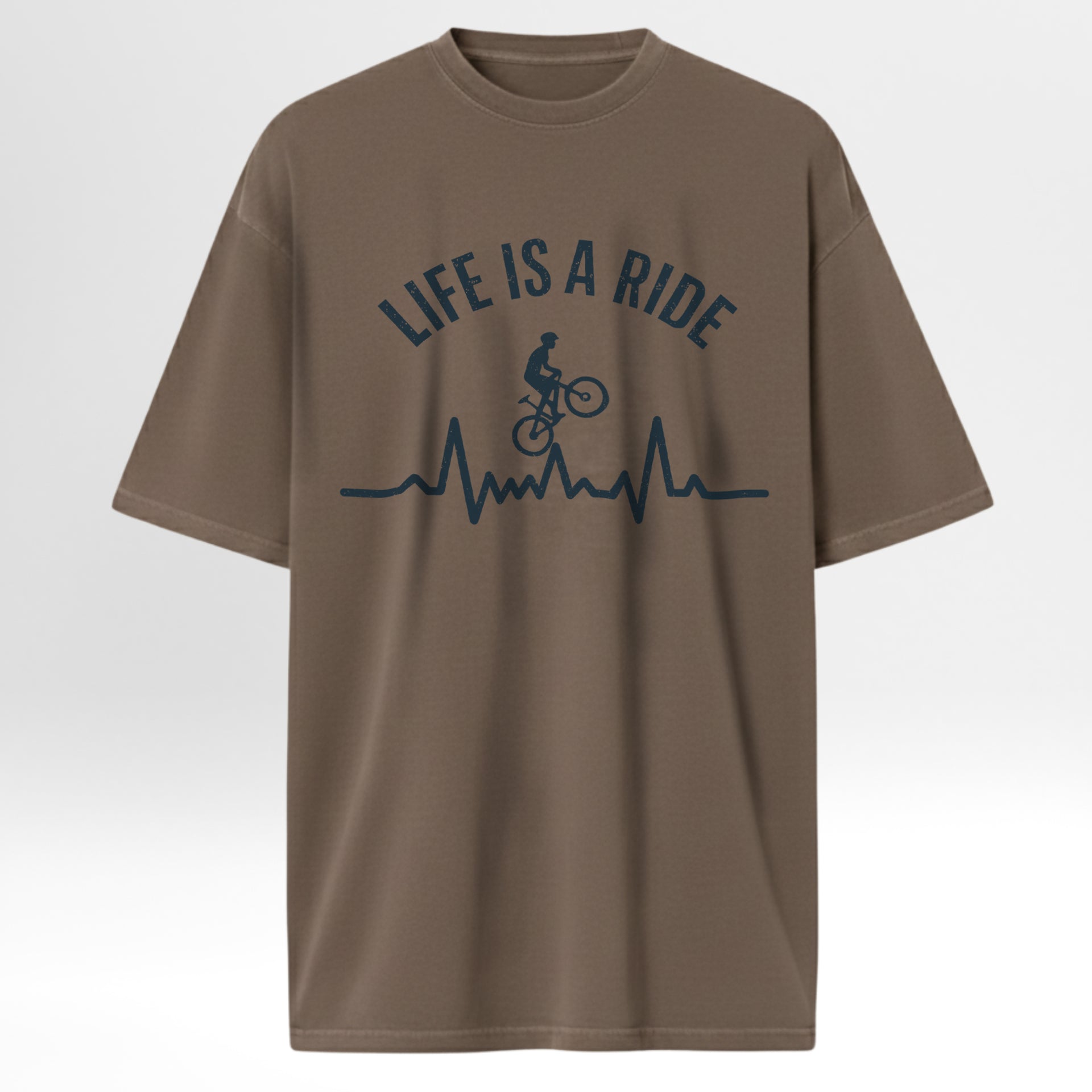 Brown t-shirt with camping graphic and text 'Life Is A Ride'