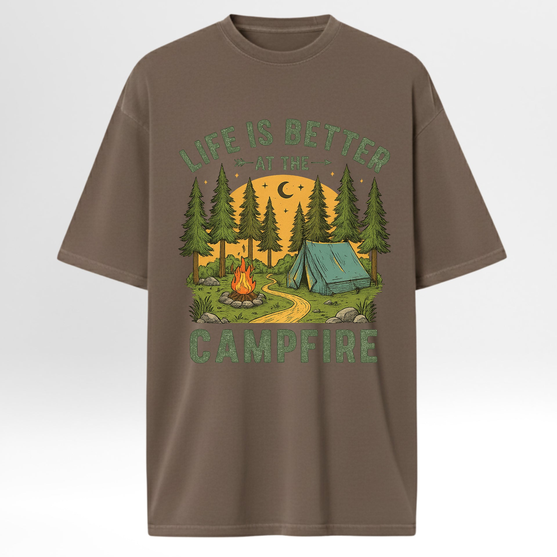 Brown camping graphic t-shirt with camping graphic and 'Life is Better at the Campfire' text on a white background