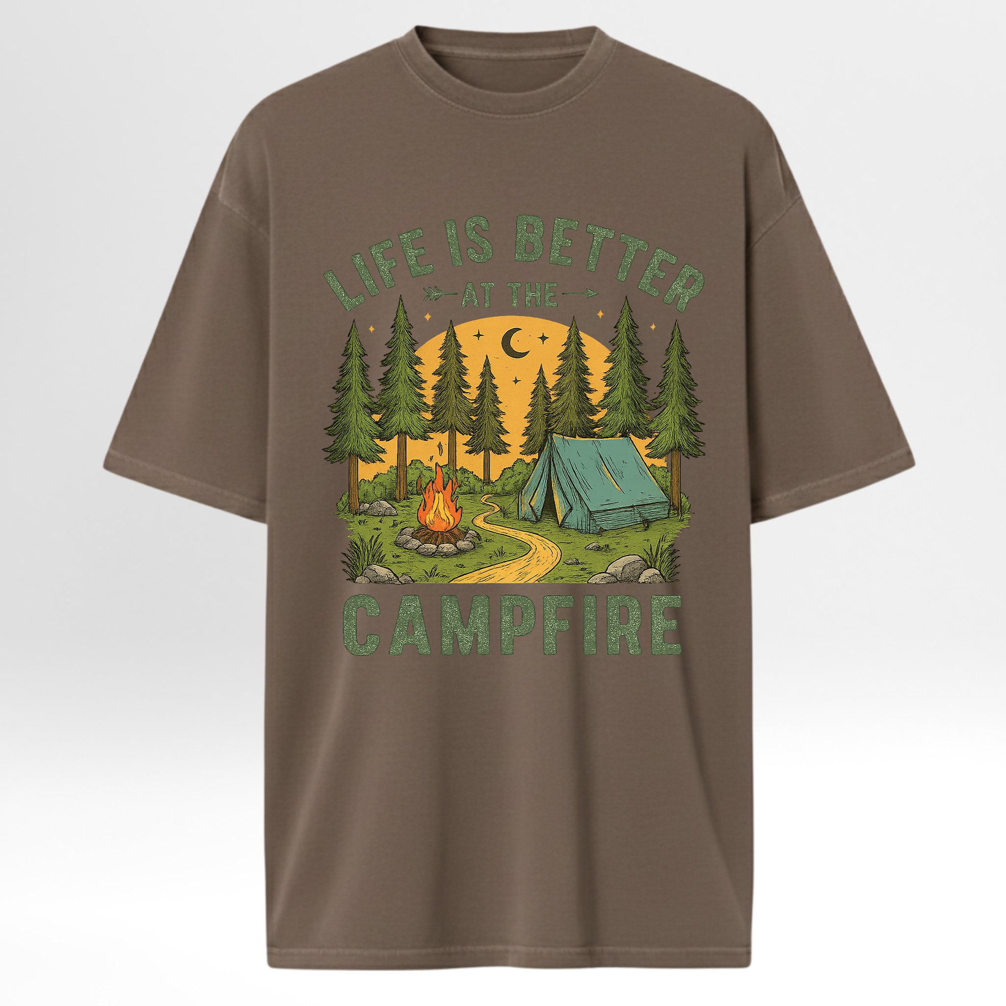 Brown camping graphic t-shirt with camping graphic and 'Life is Better at the Campfire' text on a white background