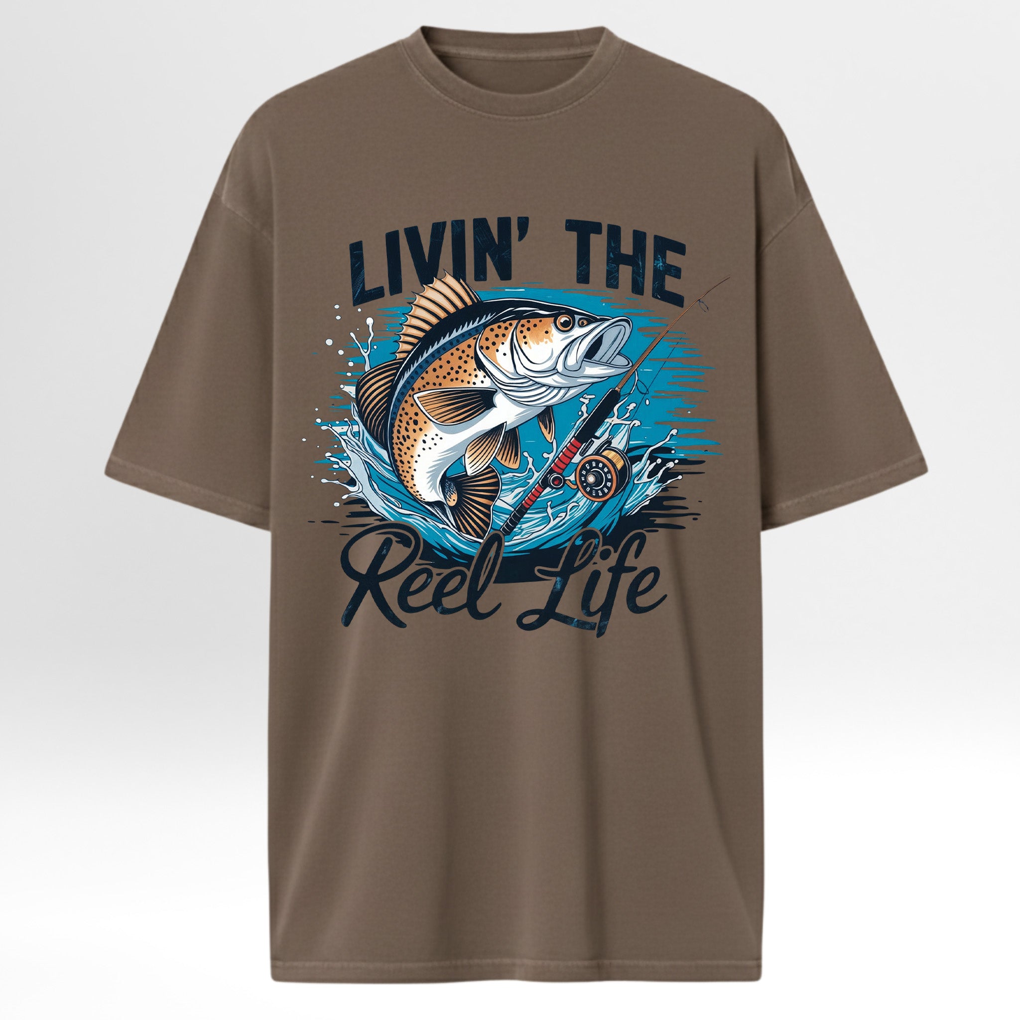 Brown fishing graphic t-shirt with a fish graphic and 'Livin' The Reel Life' text