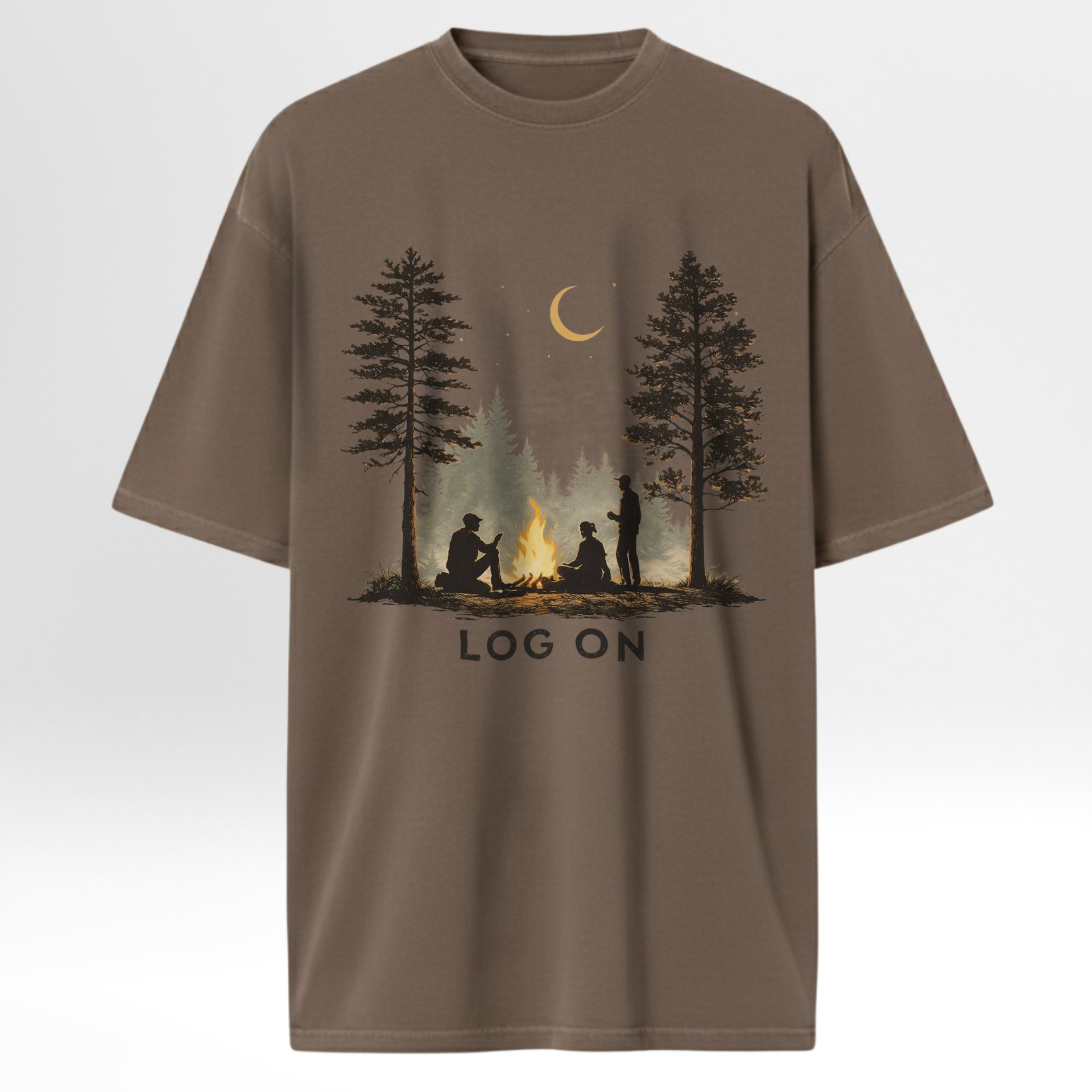 Brown outdoor t-shirt with a graphic of people around a campfire in the woods and 'LOG ON' text.