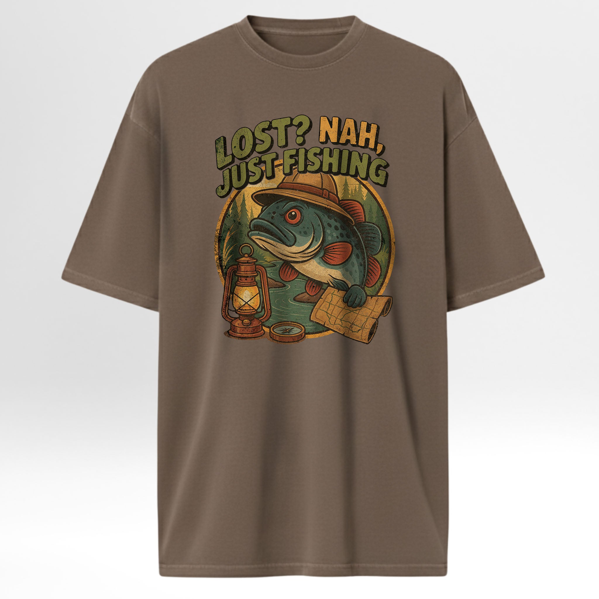Brown fishing t-shirt with a fishing graphic and text 'Lost? Nah, Just Fishing'.
