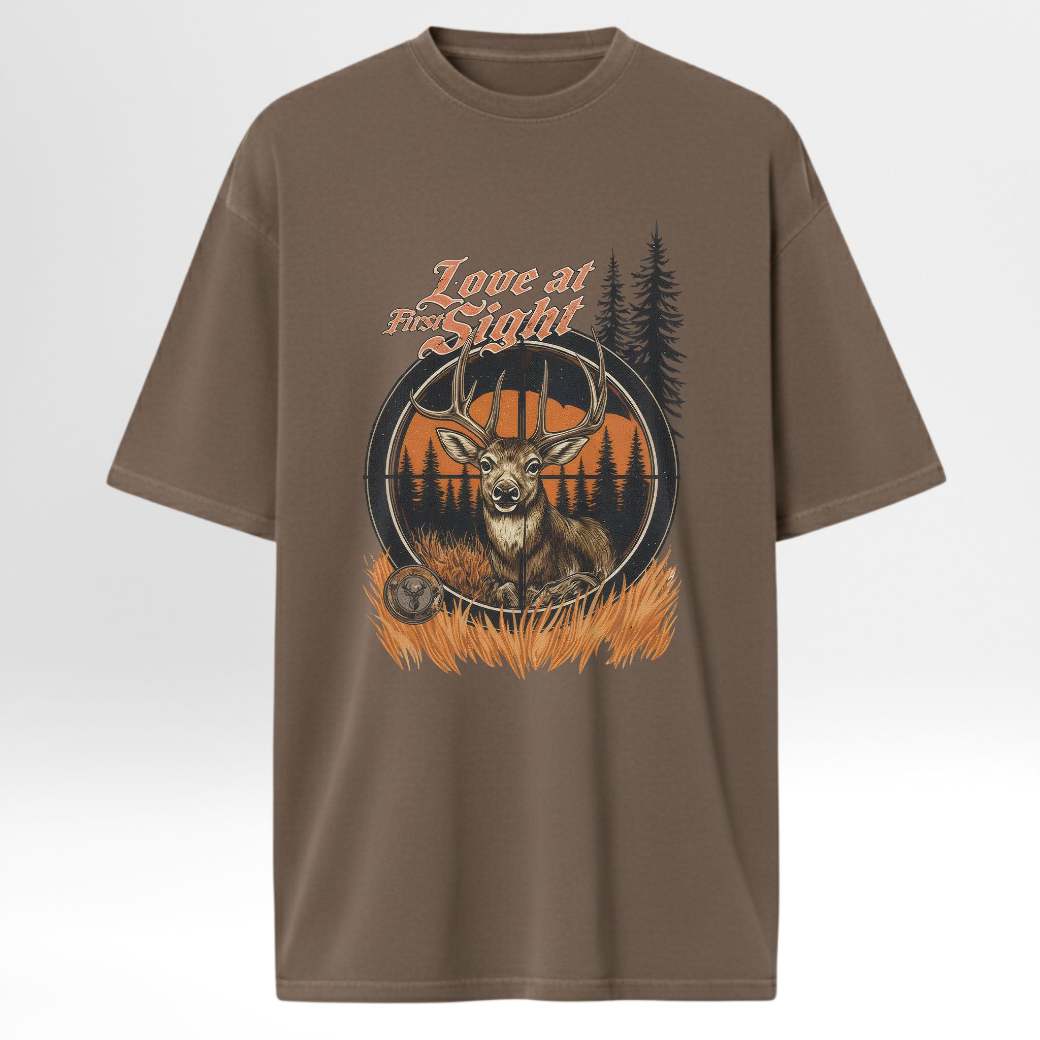 Brown hunting graphic t-shirt with a deer graphic and 'Love at First Sight' text on a white background