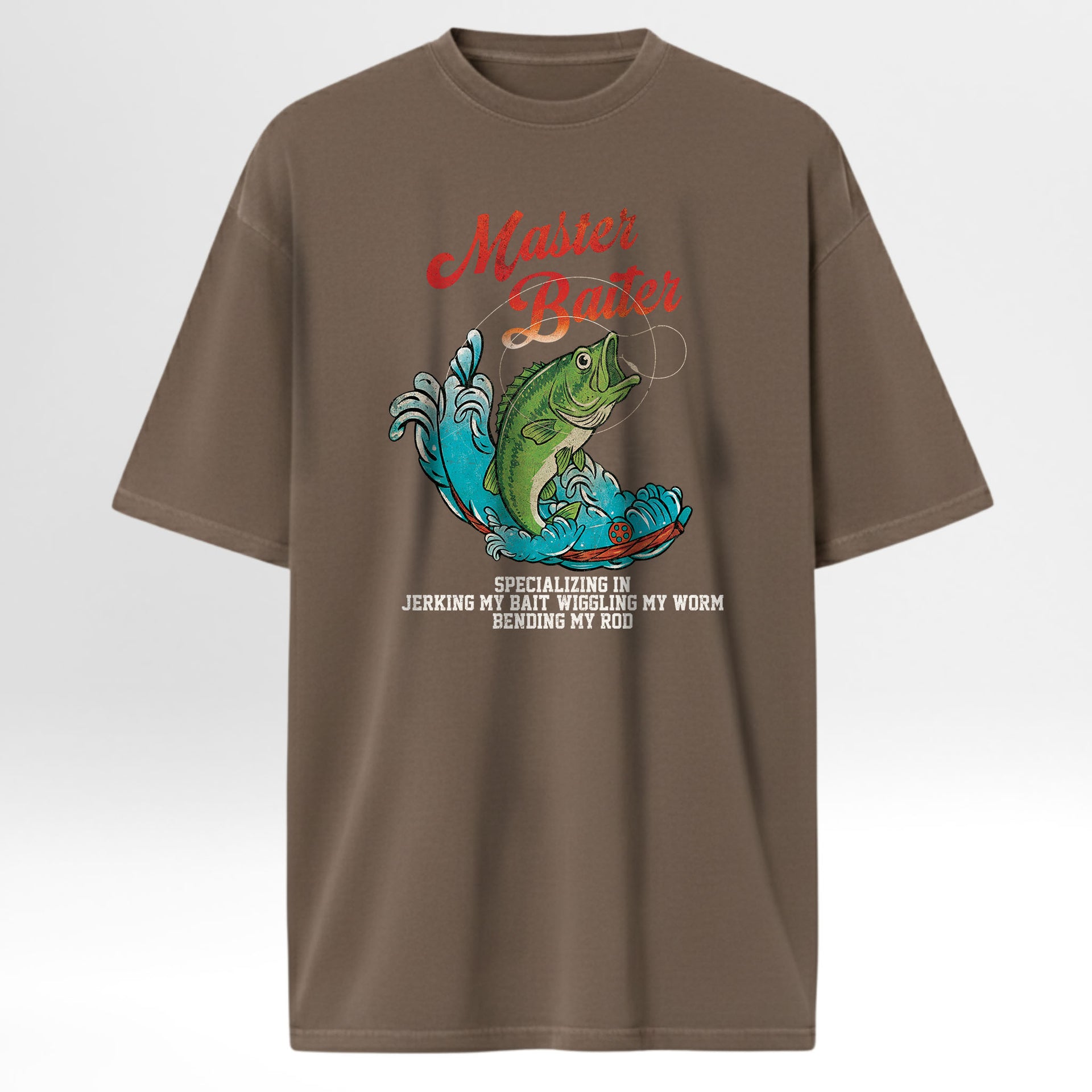 Brown fishing t-shirt with a fishing graphic and text.