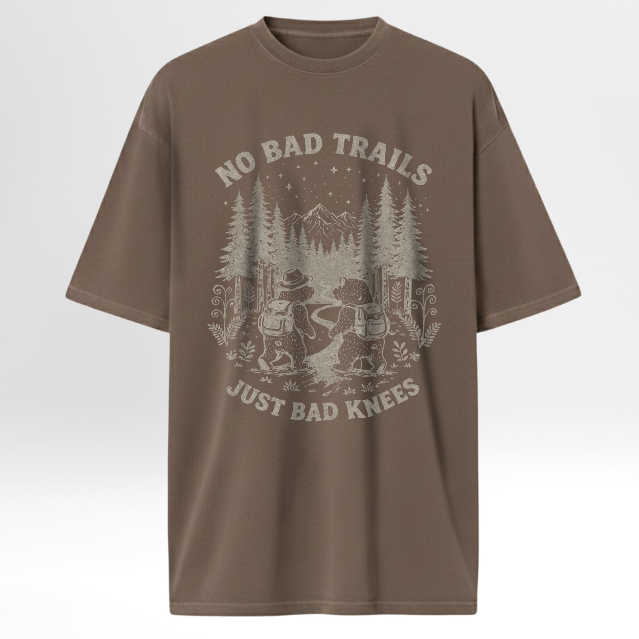 Brown t-shirt with graphic design and text 'No Bad Trails Just Bad Knees' 