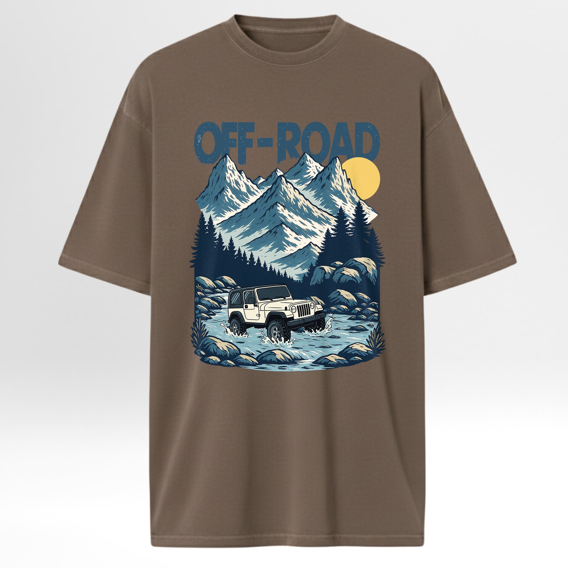 Brown t-shirt with off-road graphic design featuring a jeep, mountains, and trees on a white background.