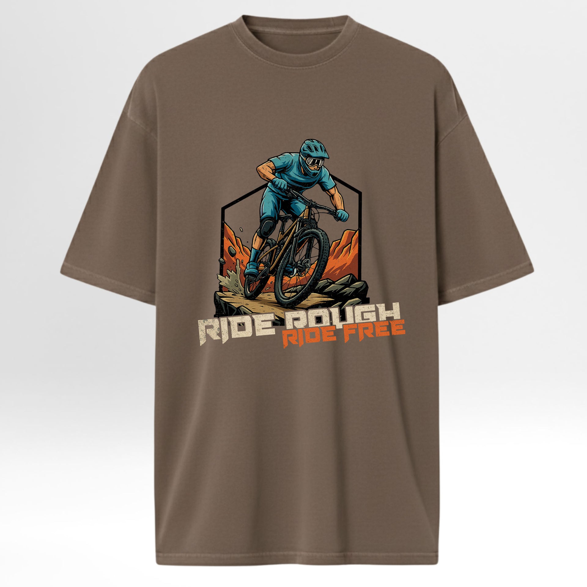 Brown trail graphic t-shirt with mountain biker graphic and text 'Ride Rough, Ride Free' on a white background