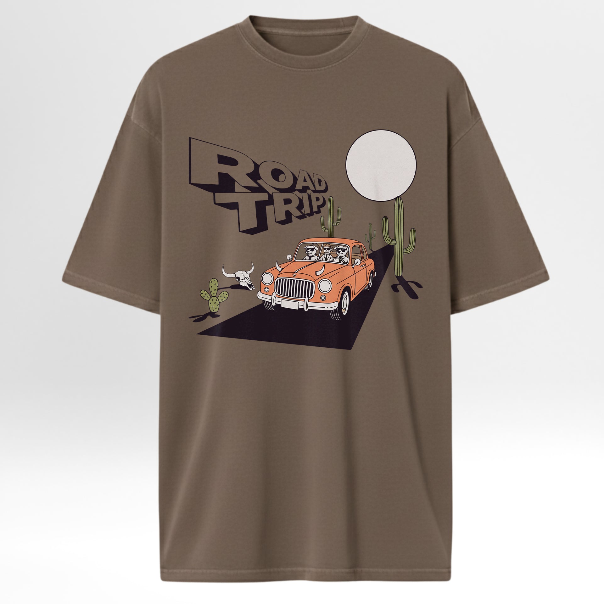 Brown t-shirt with 'Road Trip' graphic design featuring a vintage car and cacti 