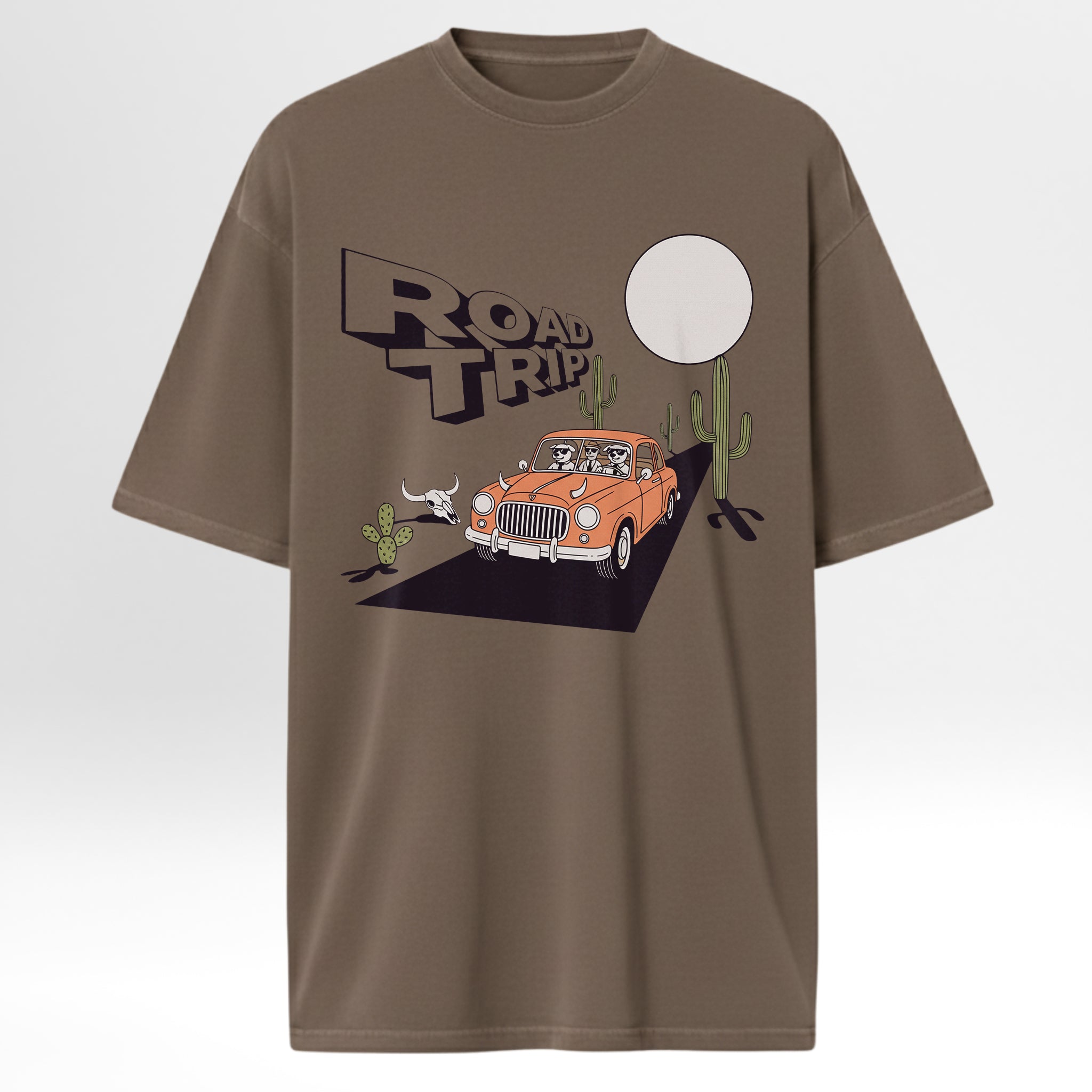Brown t-shirt with 'Road Trip' graphic design featuring a vintage car and cacti 