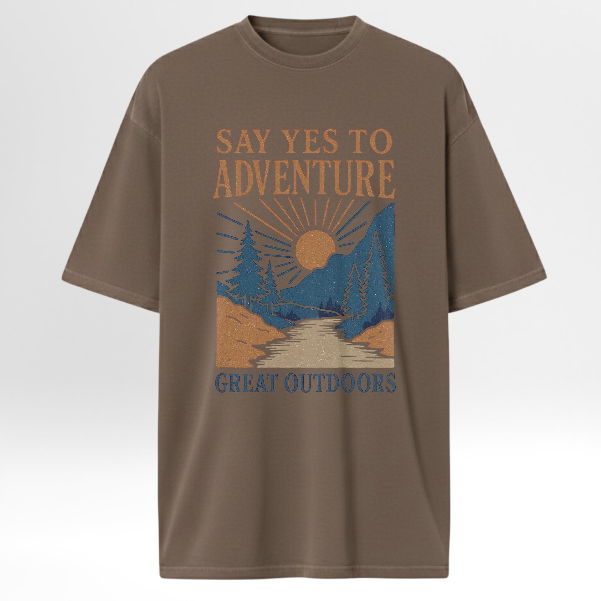 Brown trail graphic t-shirt with 'Say Yes to Adventure, Great Outdoors' graphic on a white background