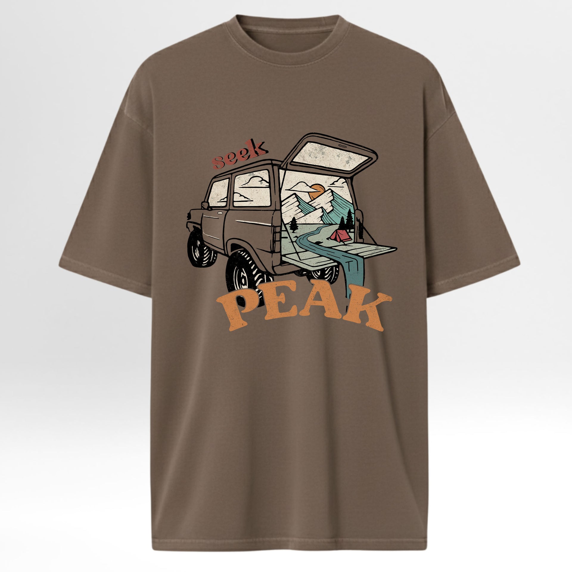 Brown t-shirt with graphic design of a car and text 'Seek Peak'