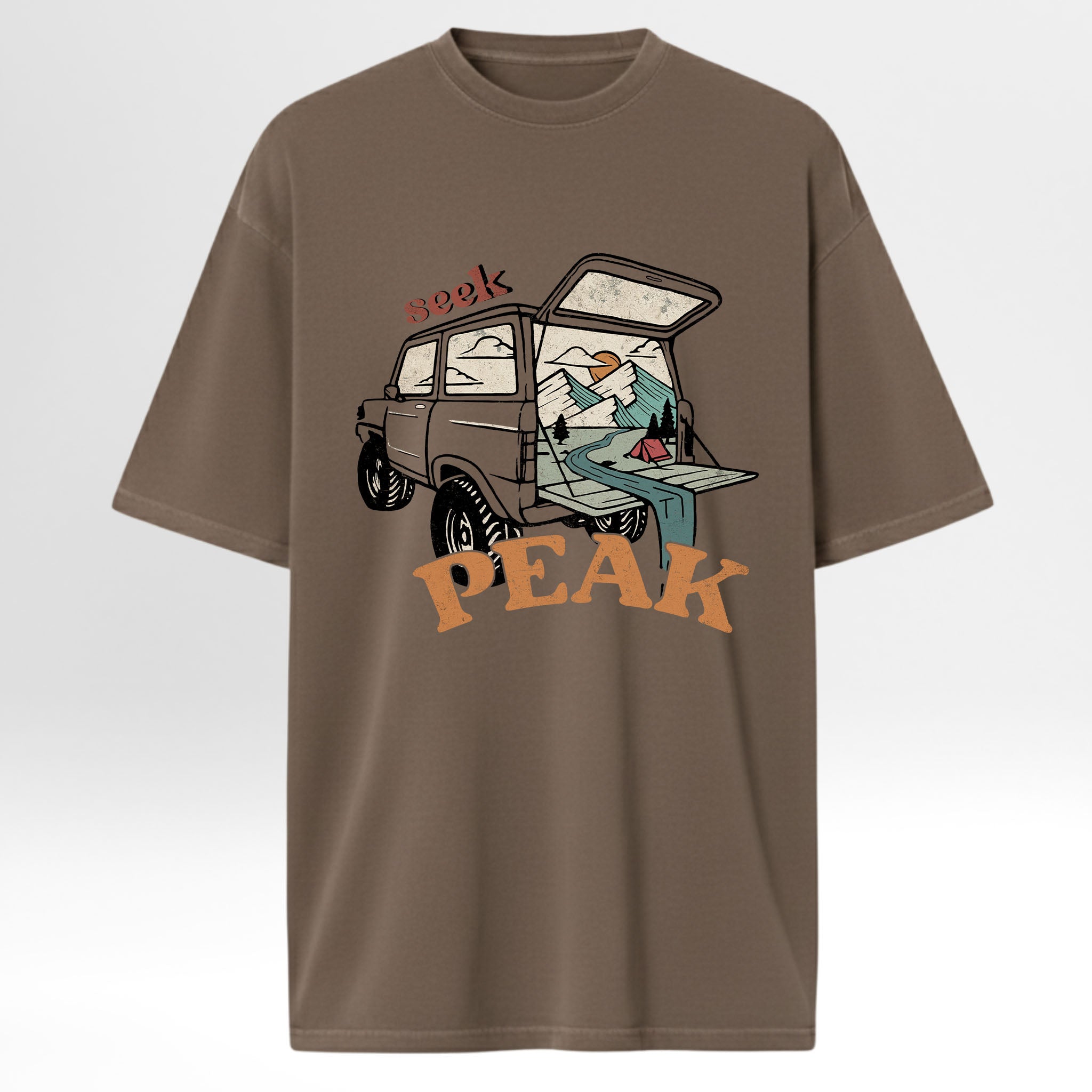 Brown t-shirt with graphic design of a car and text 'Seek Peak'