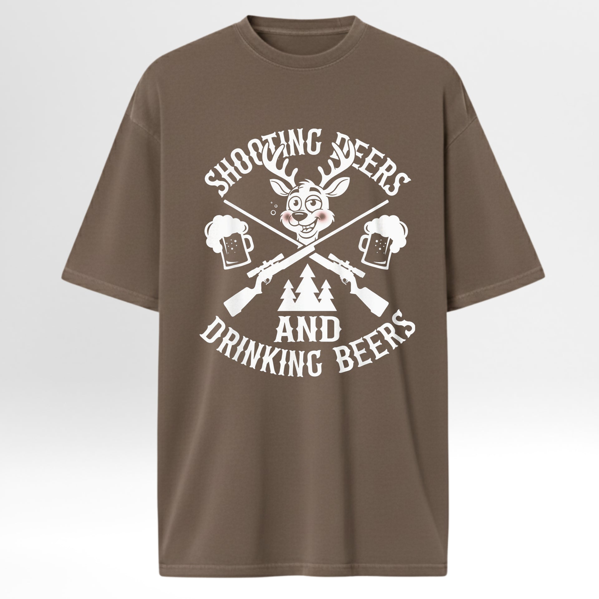 Brown hunting graphic t-shirt with white graphic design on a light gray background