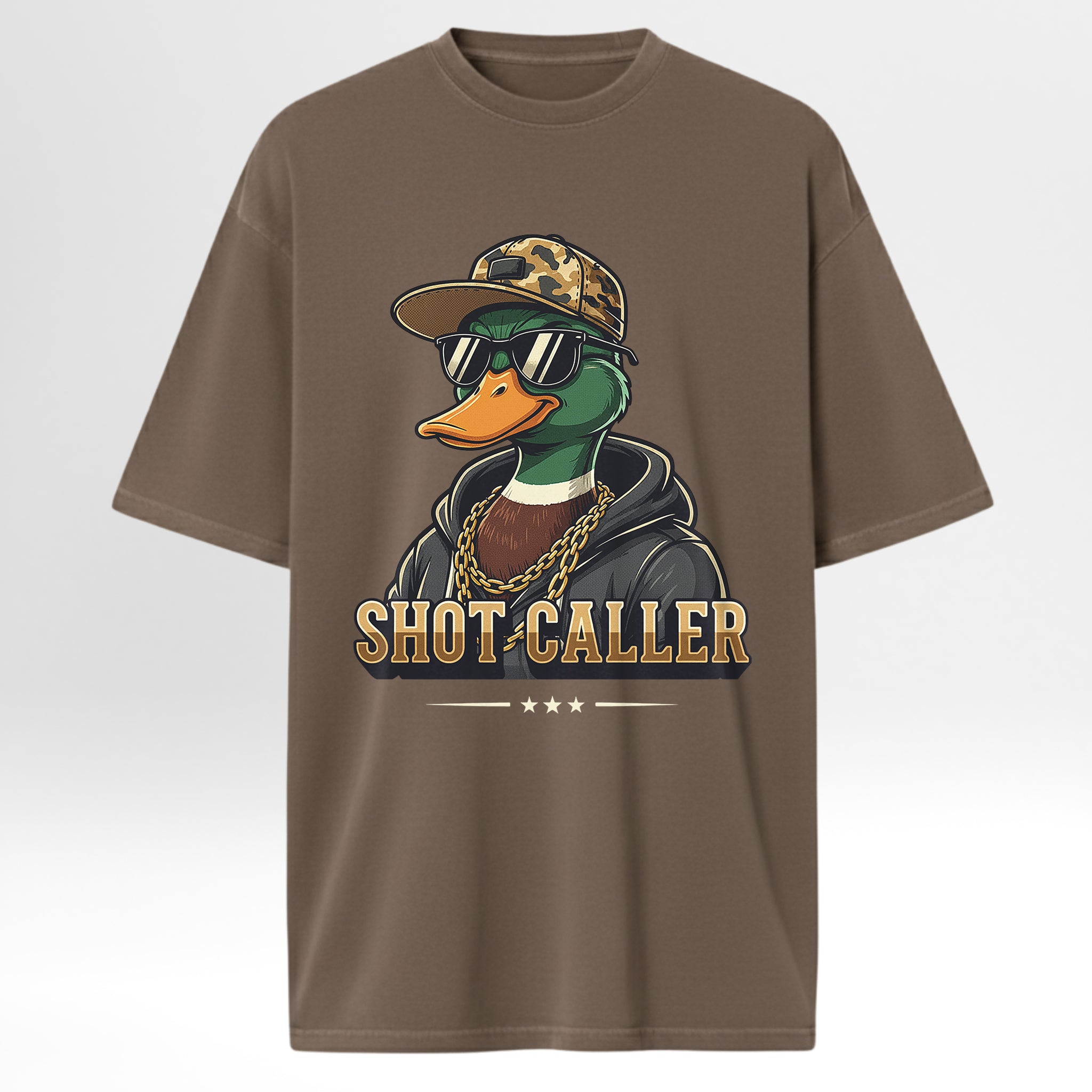 Brown hunting graphic t-shirt with a duck graphic and 'Shot Caller' text on a white background