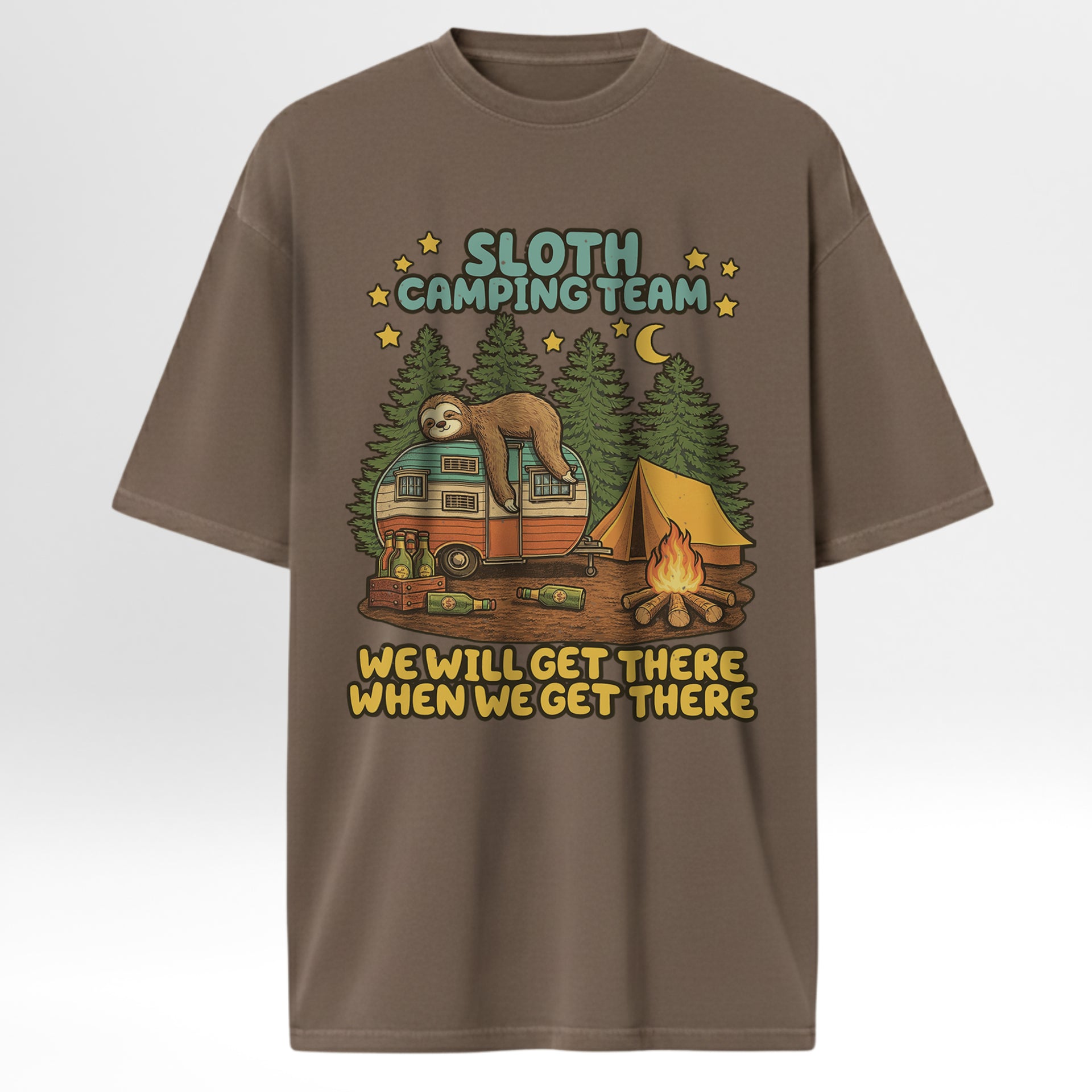 Brown camping t-shirt with a sloth camping graphic and text 'Sloth Camping Team We Will Get There When We Get There'.